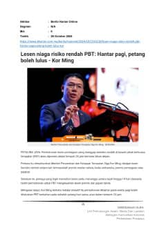 Lesen niaga risiko rendah PBT : Hantar Pagi, Petang Boleh Lulus - Kor Ming