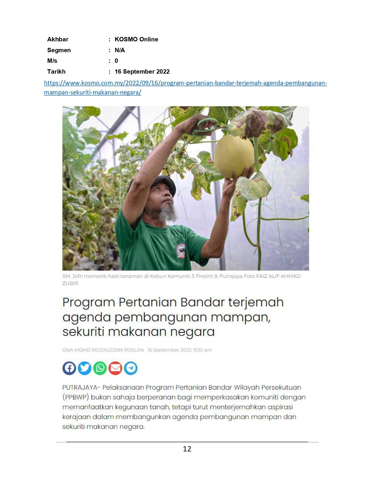 Program pertanian bandar terjemah agenda pembangunan mampan, sekuriti makanan segera