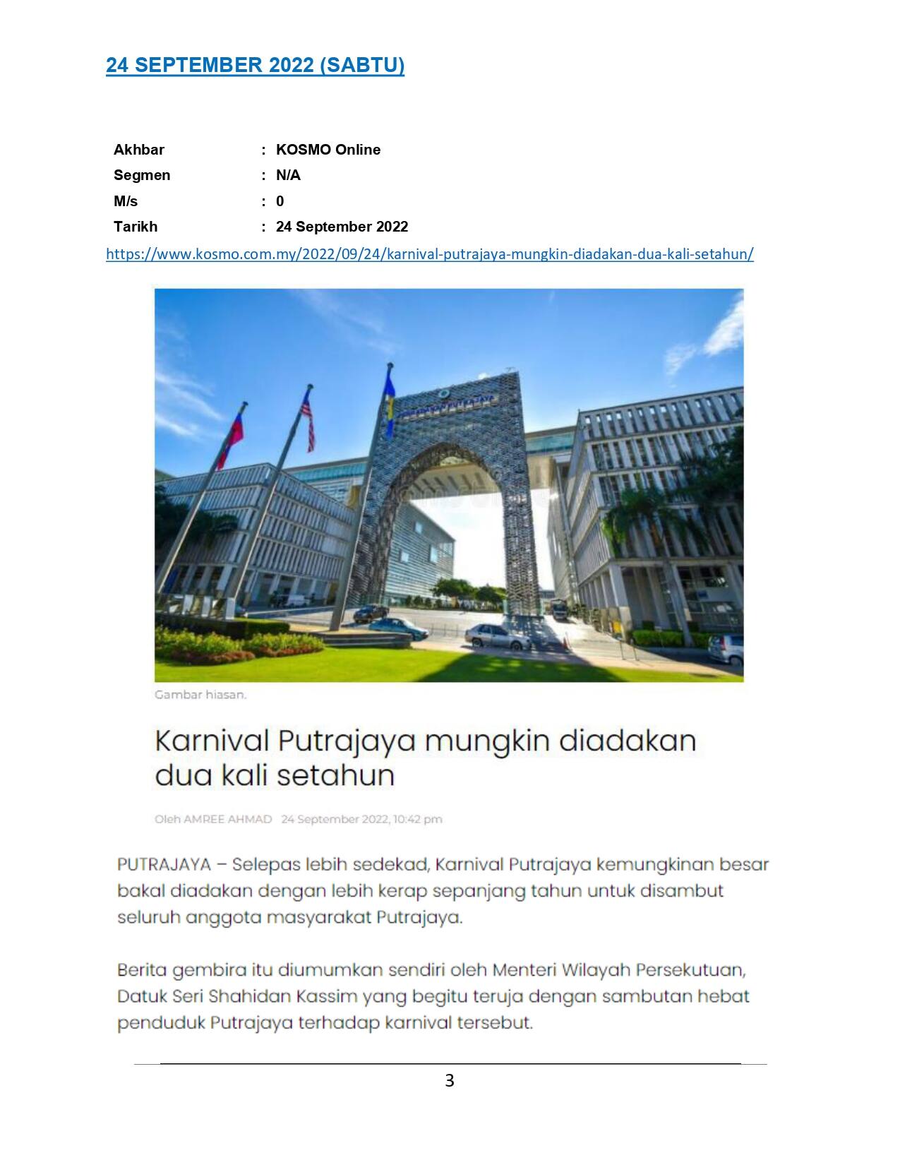 Karnival Putrajaya mungkin diadakan dua kali setahun