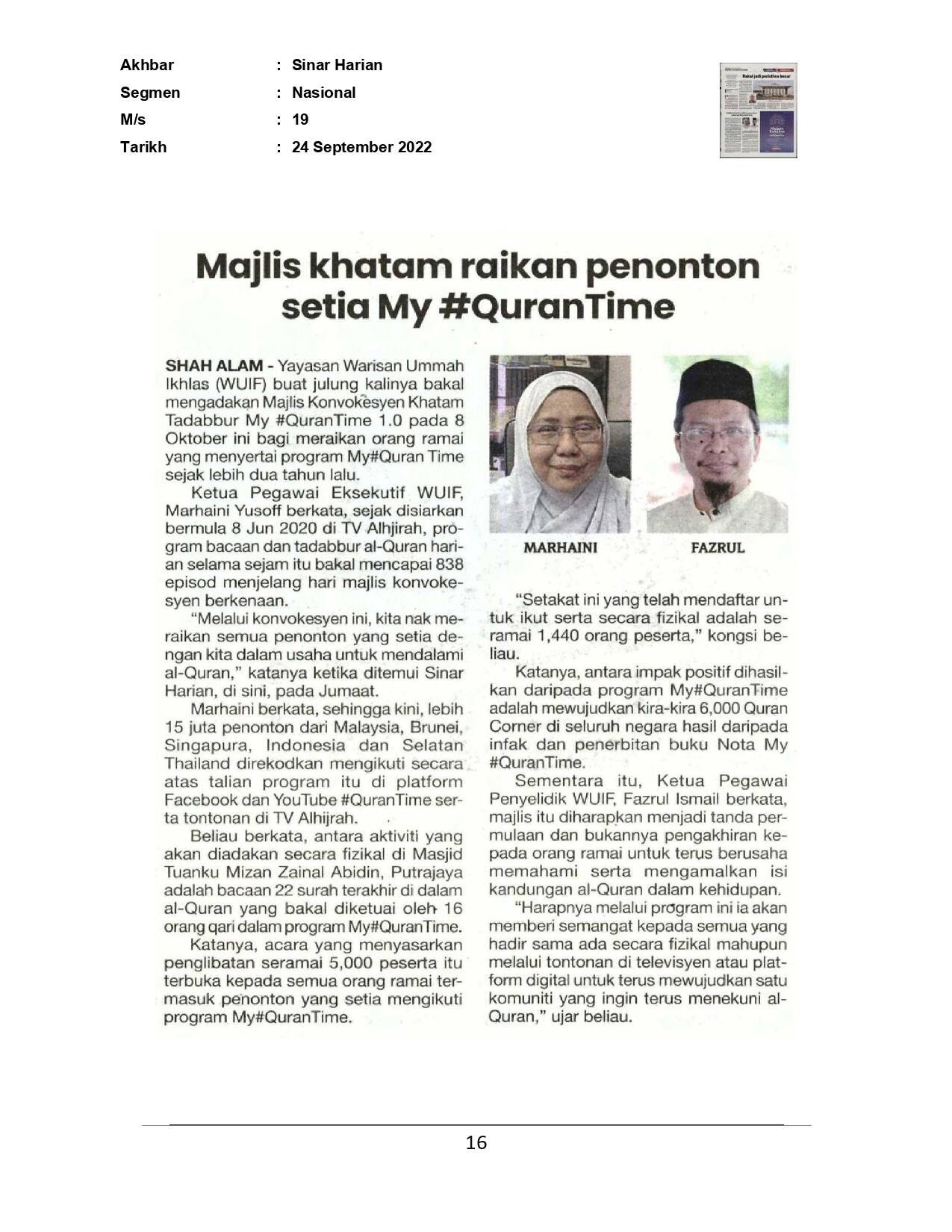 Majlis khatam raikan penonton setia My #QuranTime