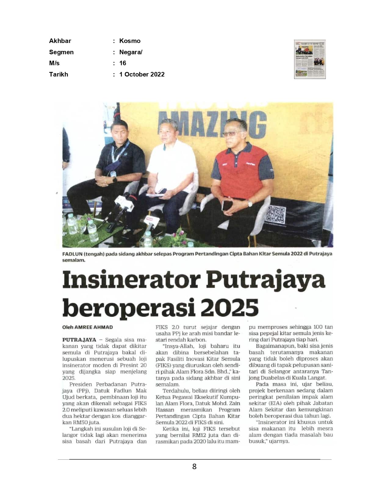 Insinerator Putrajaya beroperasi 2025