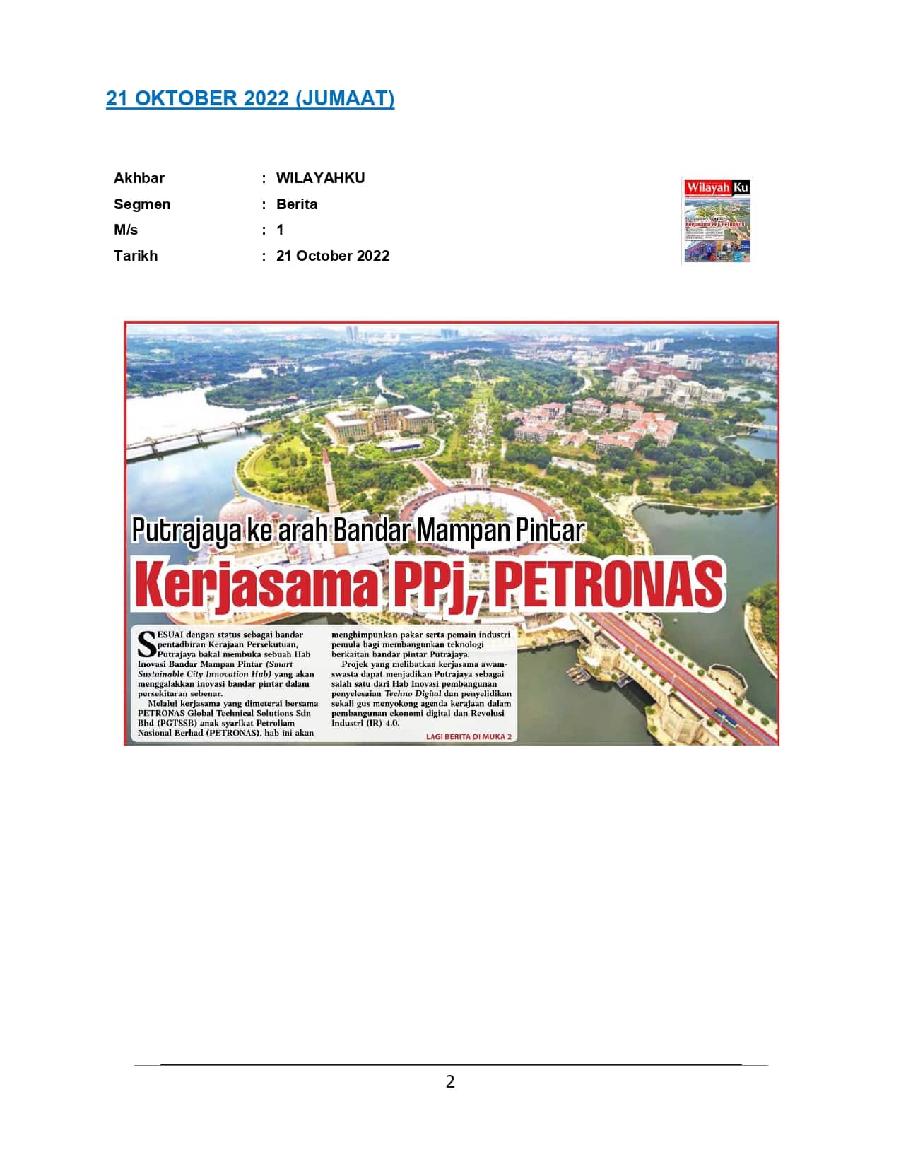 Putrajaya ke arah Bandar Mampan Pintar Kerjasama PPj, Petronas