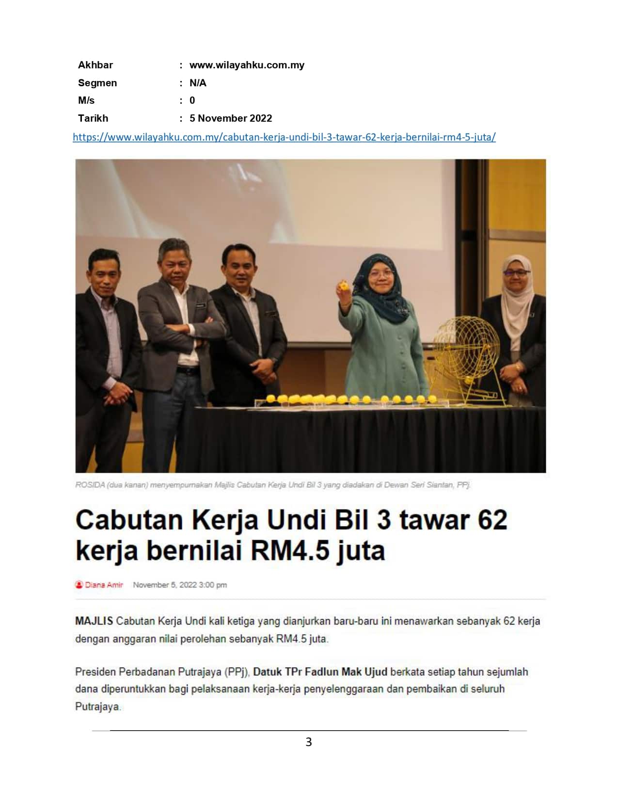 Cabutan Kerja Undi Bil 3 tawar 62 kerja bernilai RM4.5 Juta