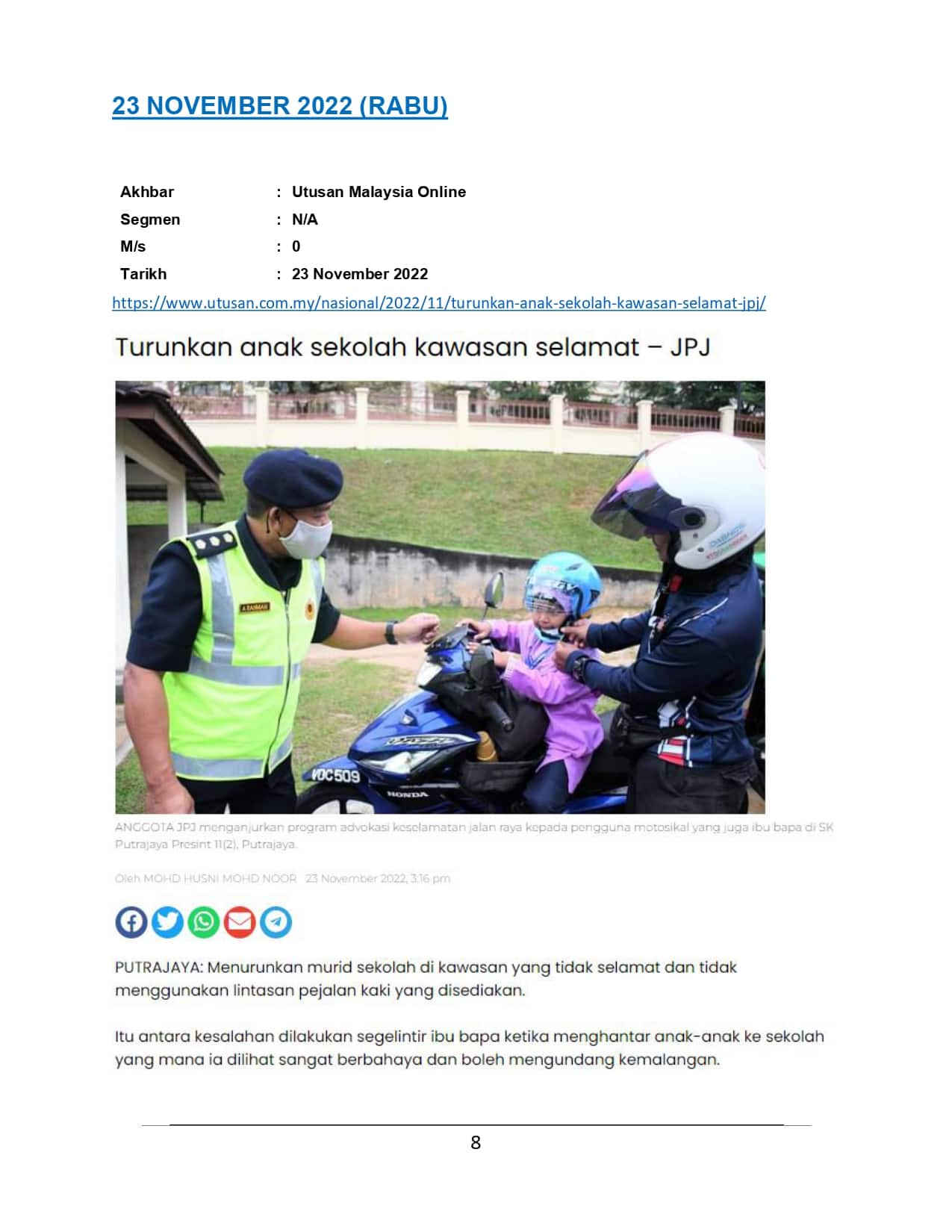 Turunkan Anak Sekolah Di Kawasan Selamat - JPJ