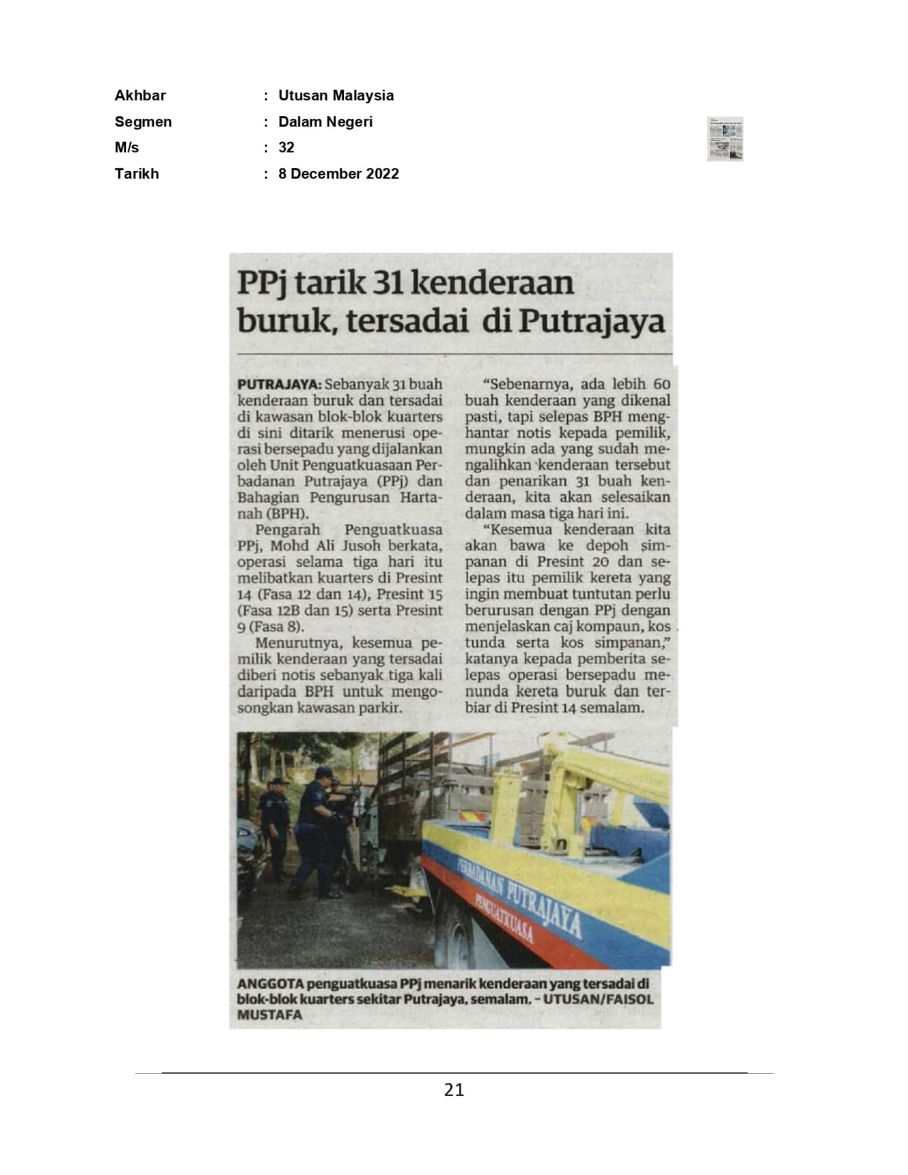 PPj Tarik 31 Kenderaan Buruk, Tersadai Di Putrajaya