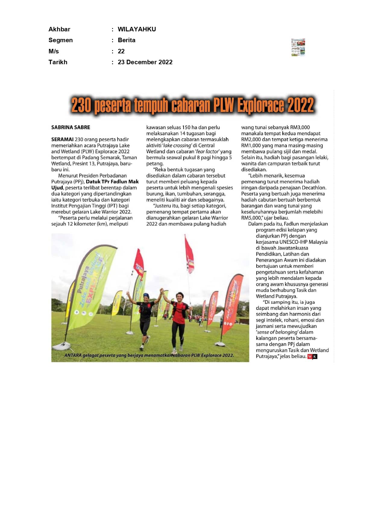 230 peserta tempuh cabaran Putrajaya Lake and Wetland Explorace 2022