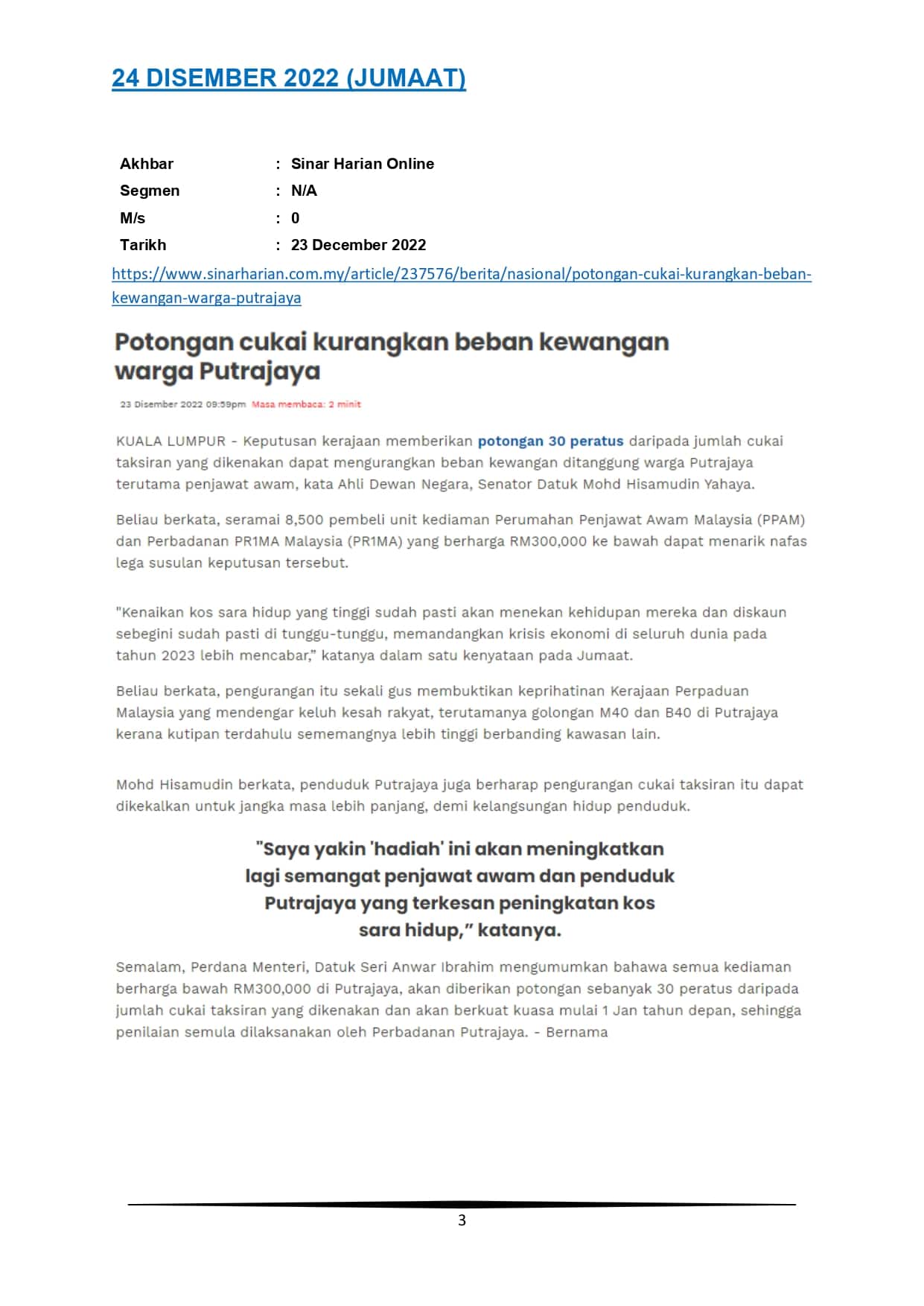 Potongan cukai kurangkan beban kewangan warga Putrajaya