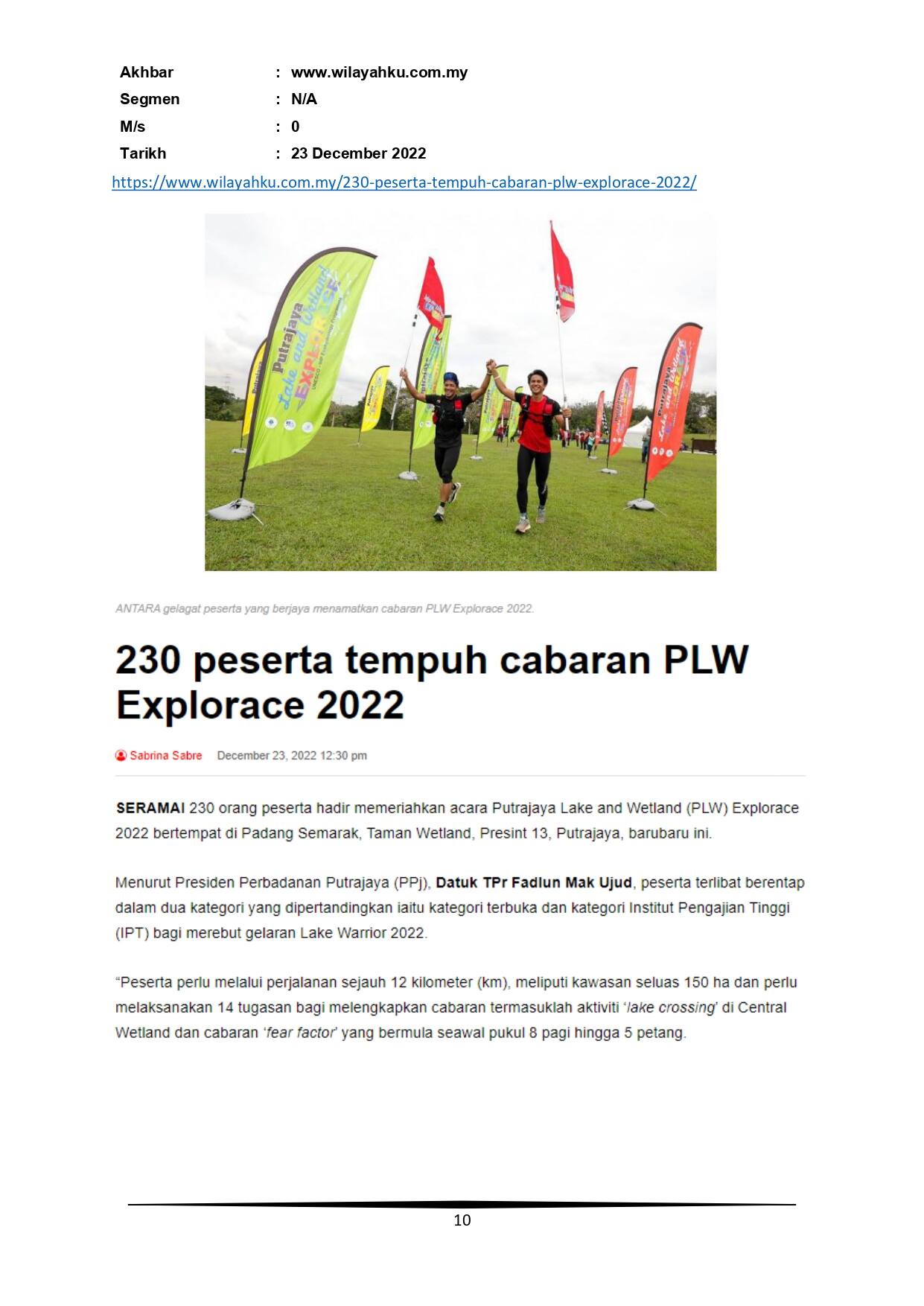 230 peserta tempuh cabaran Putrajaya Lake and Wetland Explorace 2022