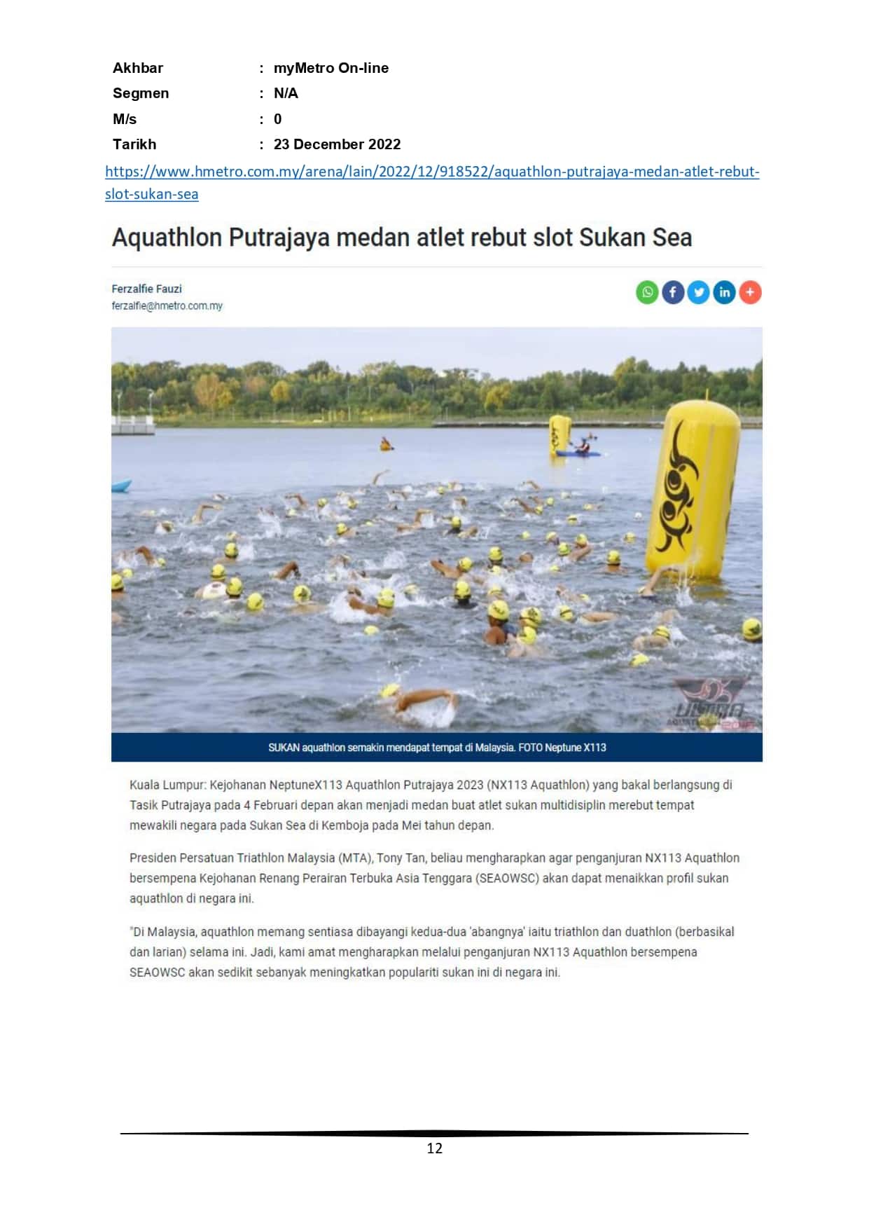 Aquathlon Putrajaya medan atlet rebut slot Sukan Sea