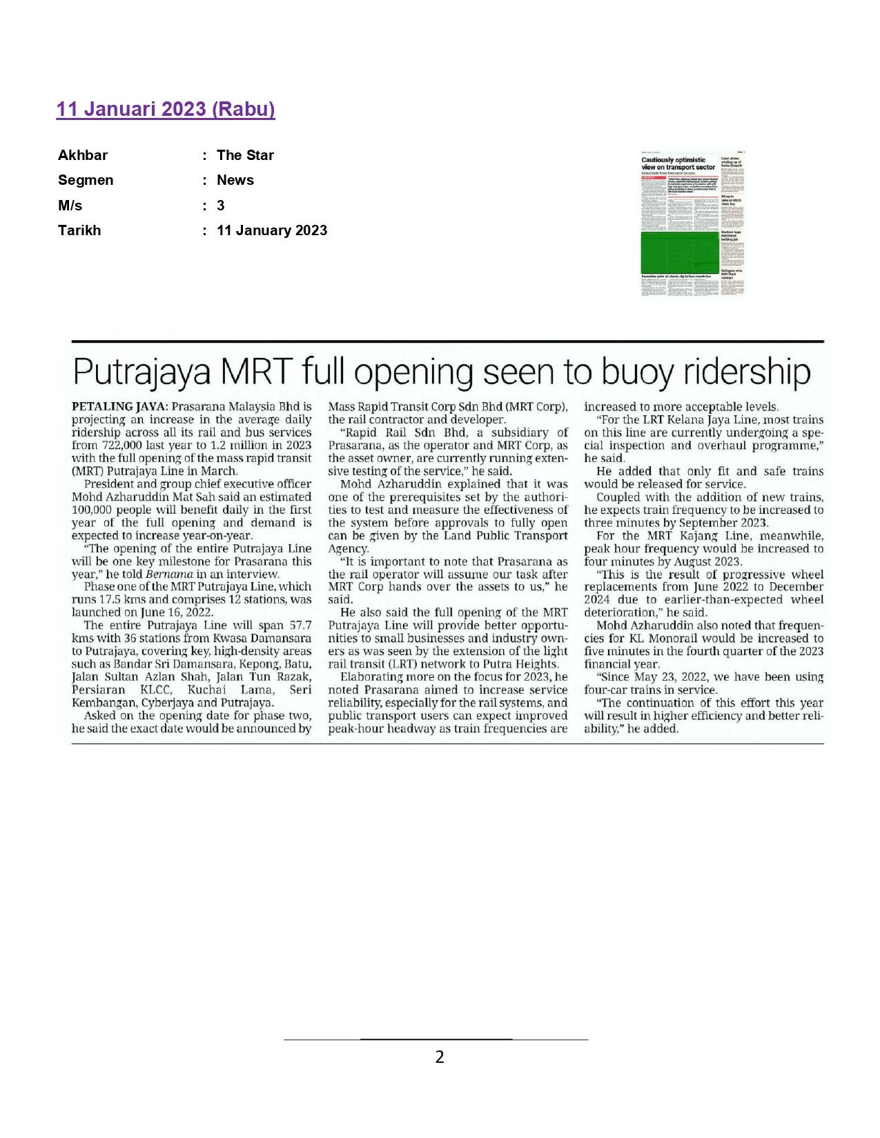 Putrajaya MRT dull opening seen to buoy ridership
