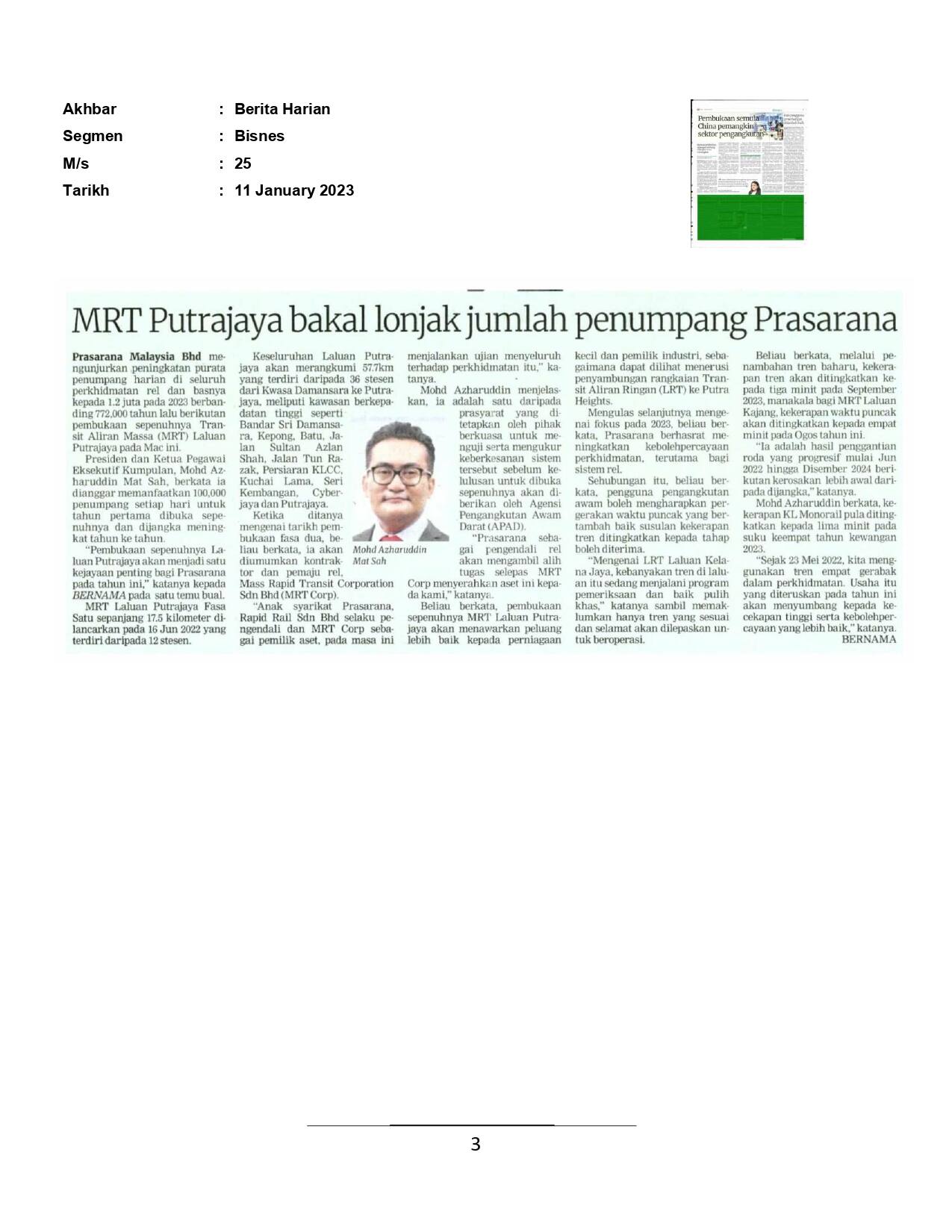 MRT Putrajaya bakal lonjak jumlah penumpang Prasarana