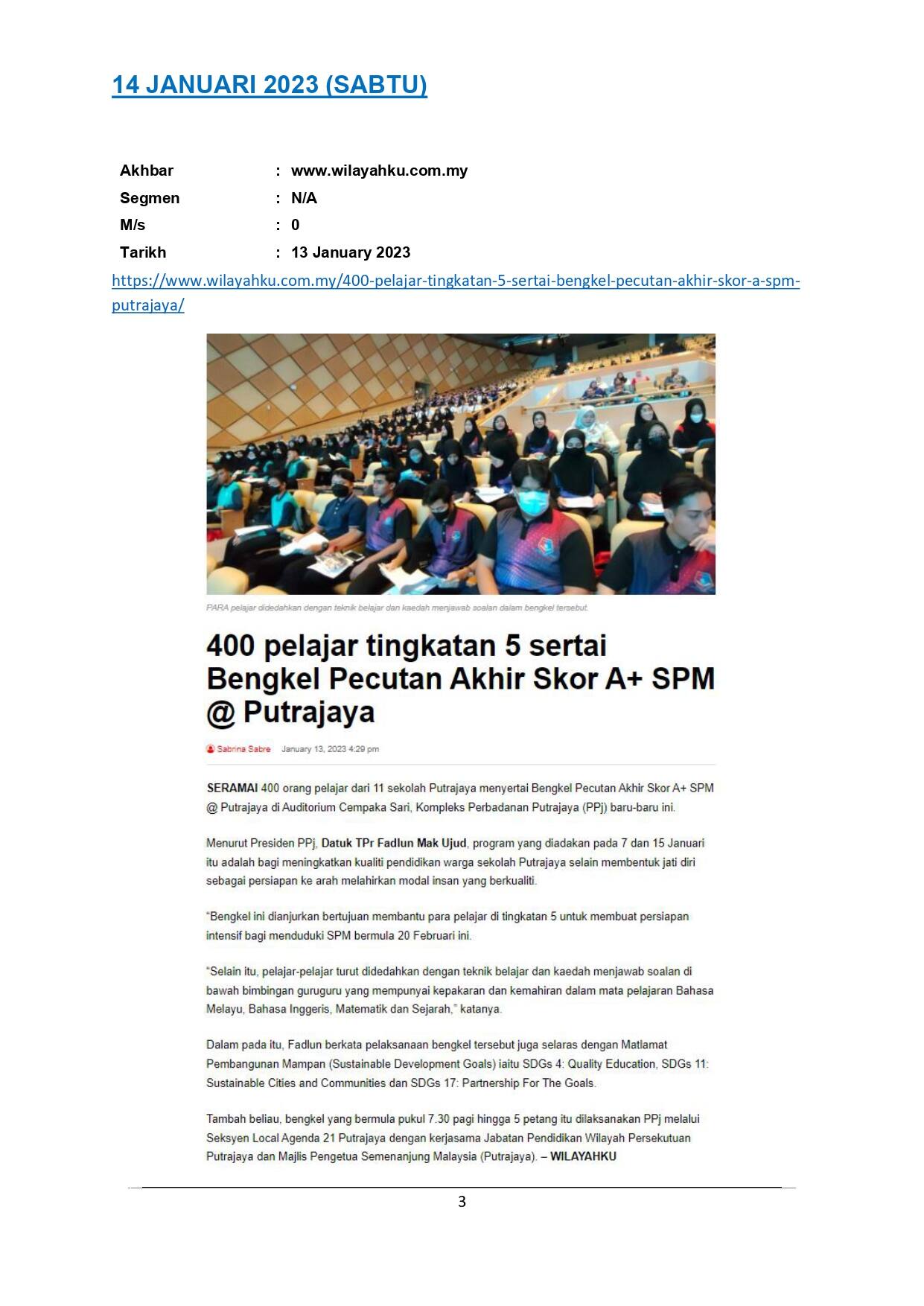 400 pelajar tingkatan 5 sertai Bengkel Pecutan Akhir Skor A+ SPM -Putrajaya
