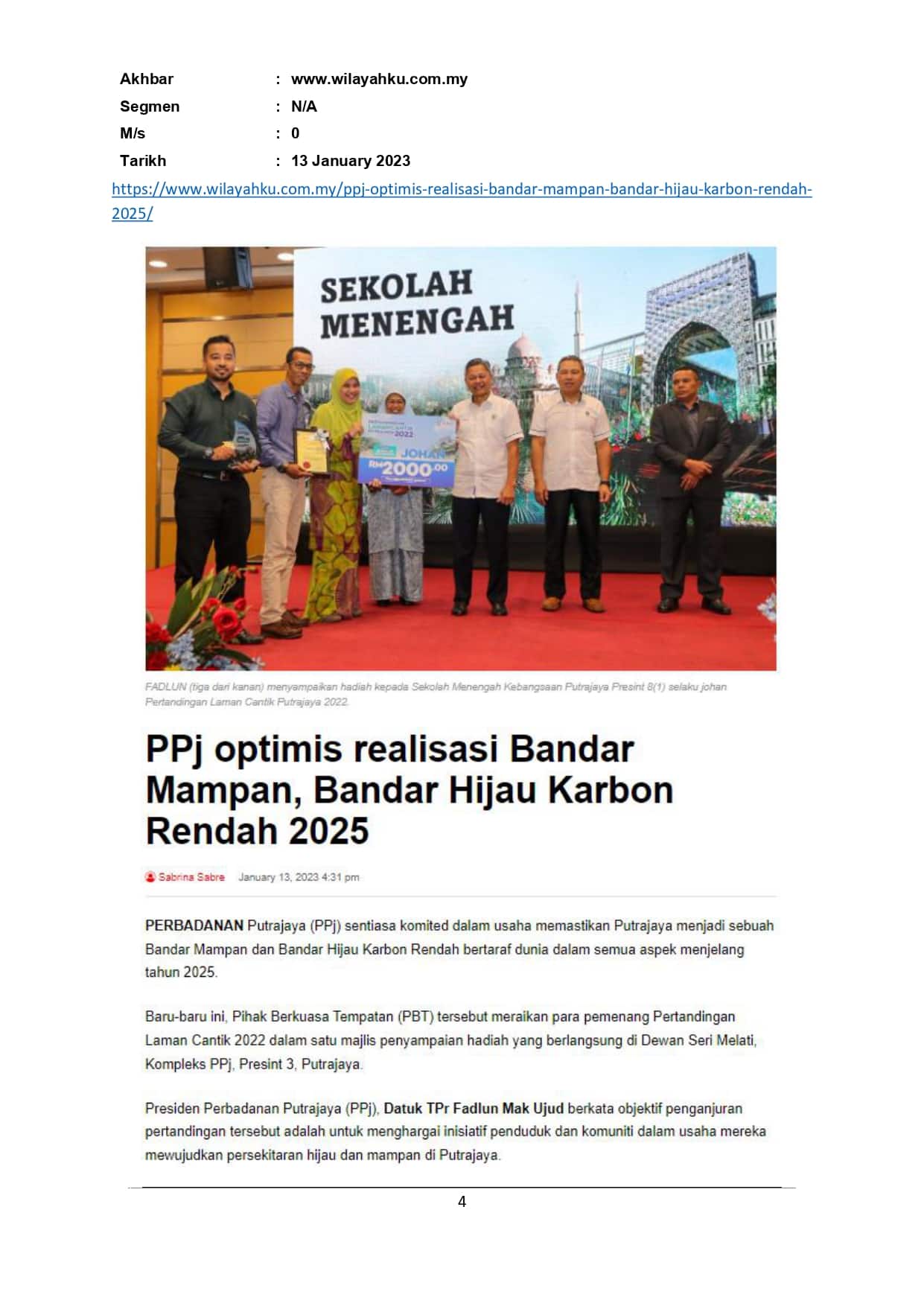 PPj Optimis realisasi Bandar Mampan, Bandar Hijau Karbon Rendah 2025