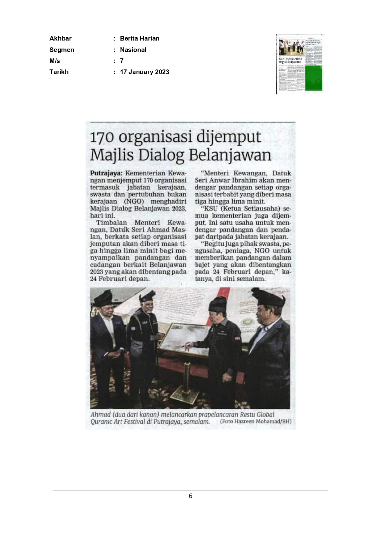 170 organisasi dijemput Majlis Dialog Belanjawan