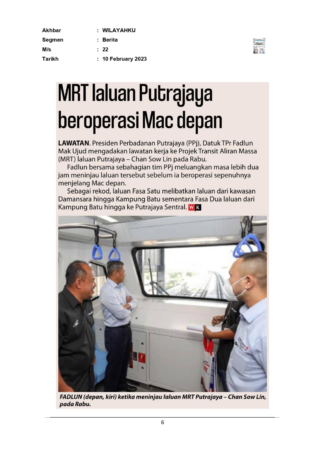 MRT laluan Putrajaya beroperasi Mac depan