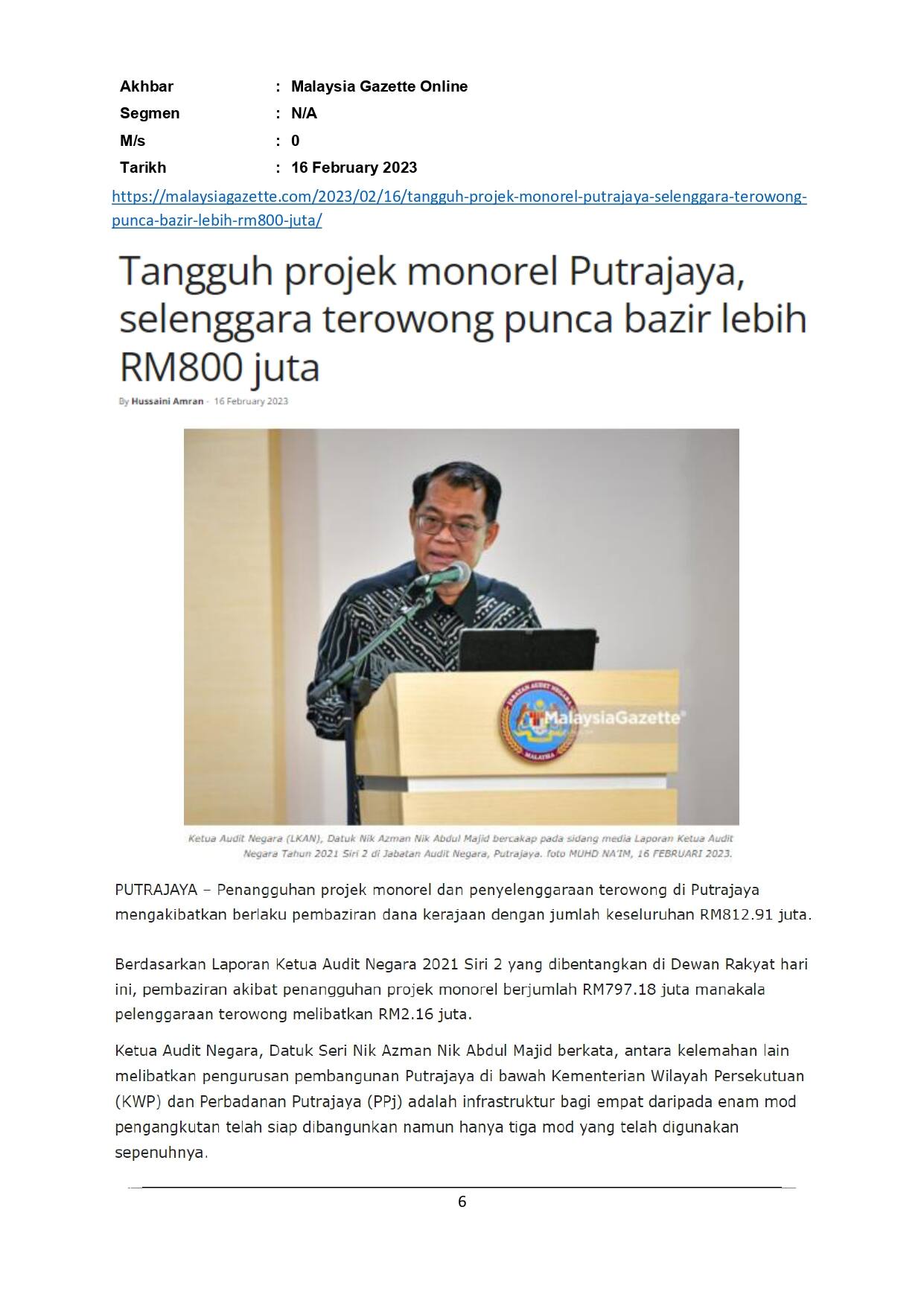 Tangguh proje monorel Putrajaya, selenggara terowong punca bazir lebih RM800 juta