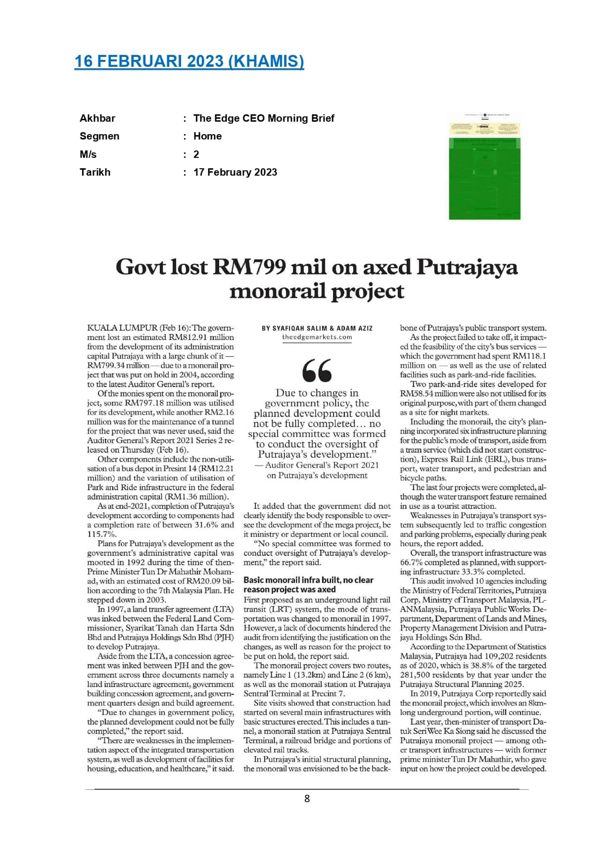 Govt lost RM799 mil on axed Putrajaya monorail project