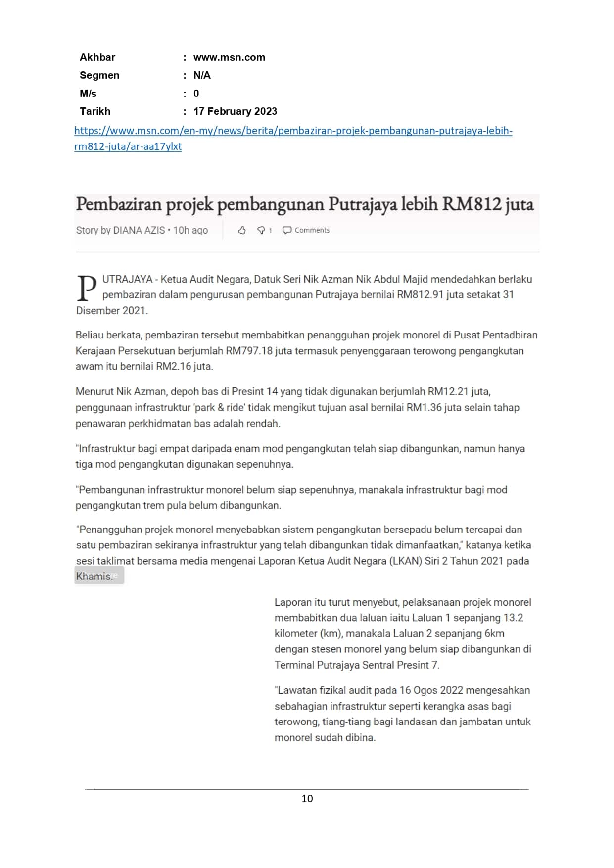 Pembaziran projek pembangunan Putrajaya lebih RM812 juta