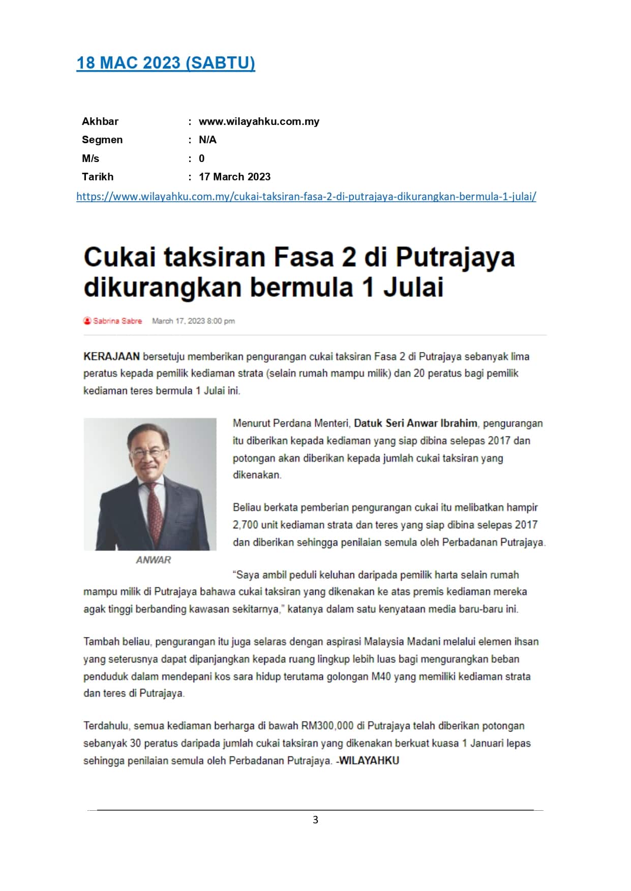 Cukai taksiran Fasa 2 di Putrajaya dikurangkan bermula 1 Julai