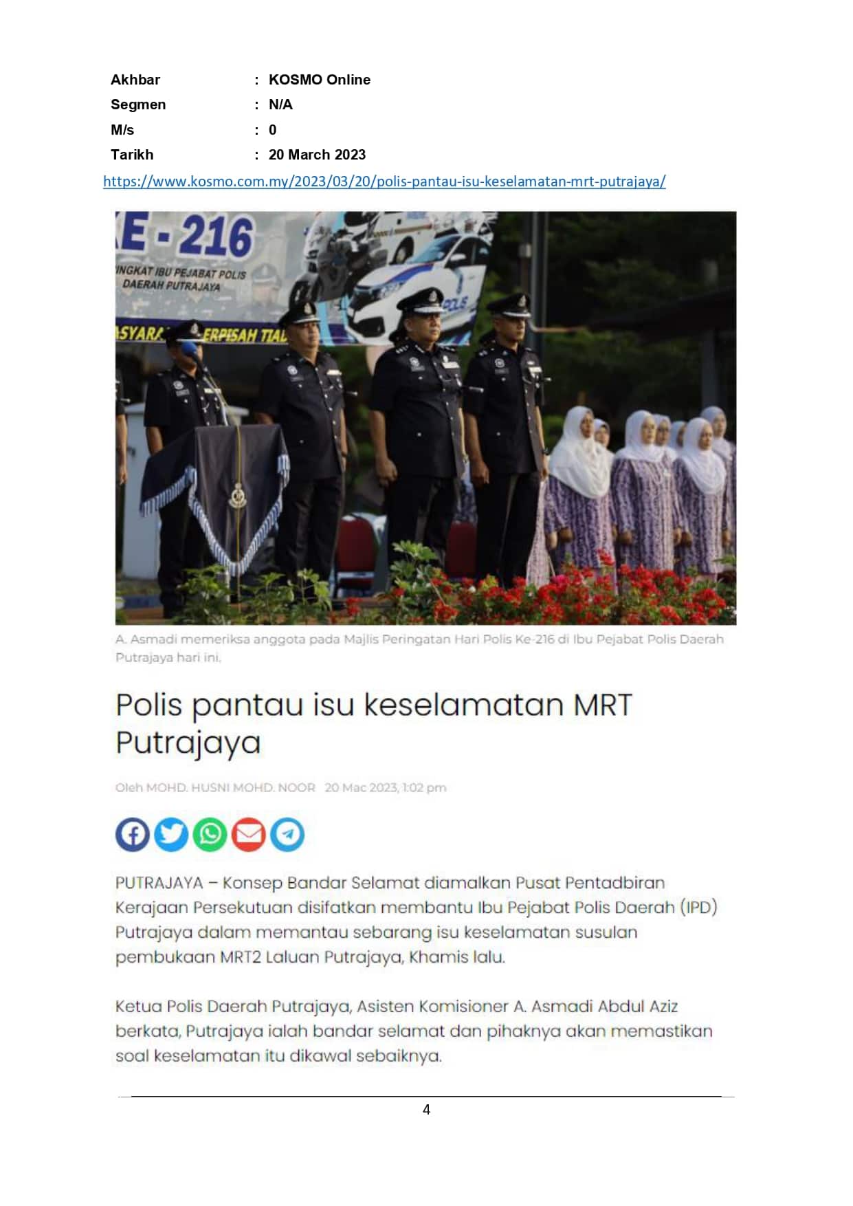 Polis pantau isu keselamatan MRT Putrajaya