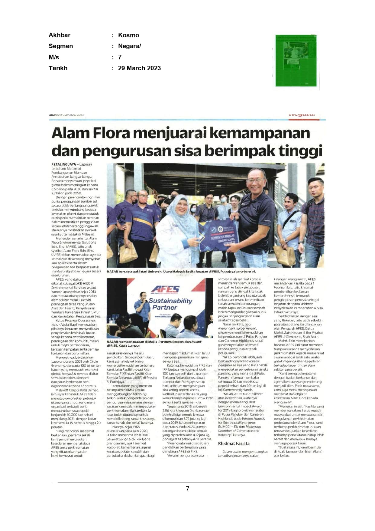 Alam Flora menjuarai kemampanan dan pengurusan sisa berimpak tinggi