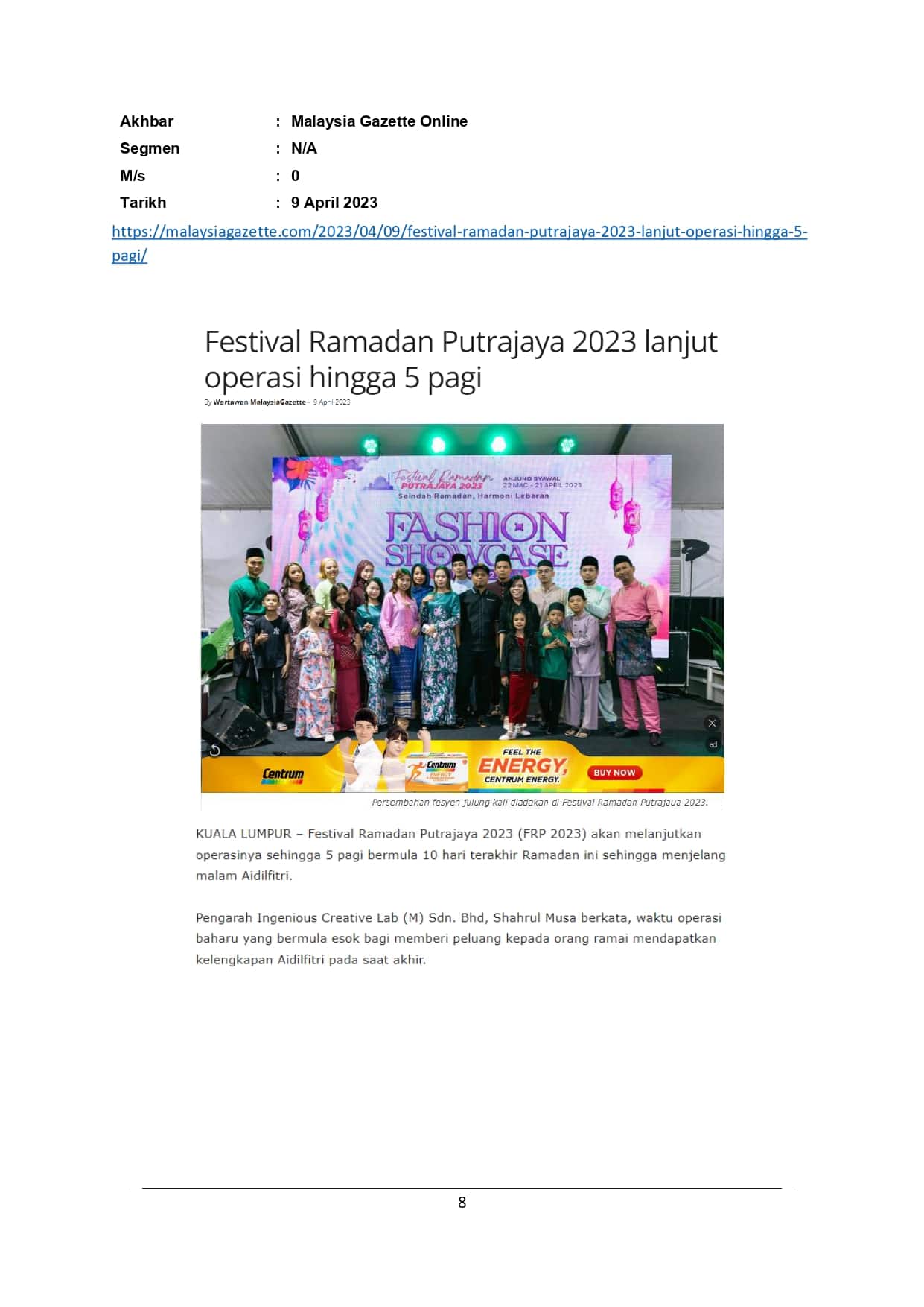 Festival Ramadan Putrajaya 2023 lanjut operasi hingga 5 pagi