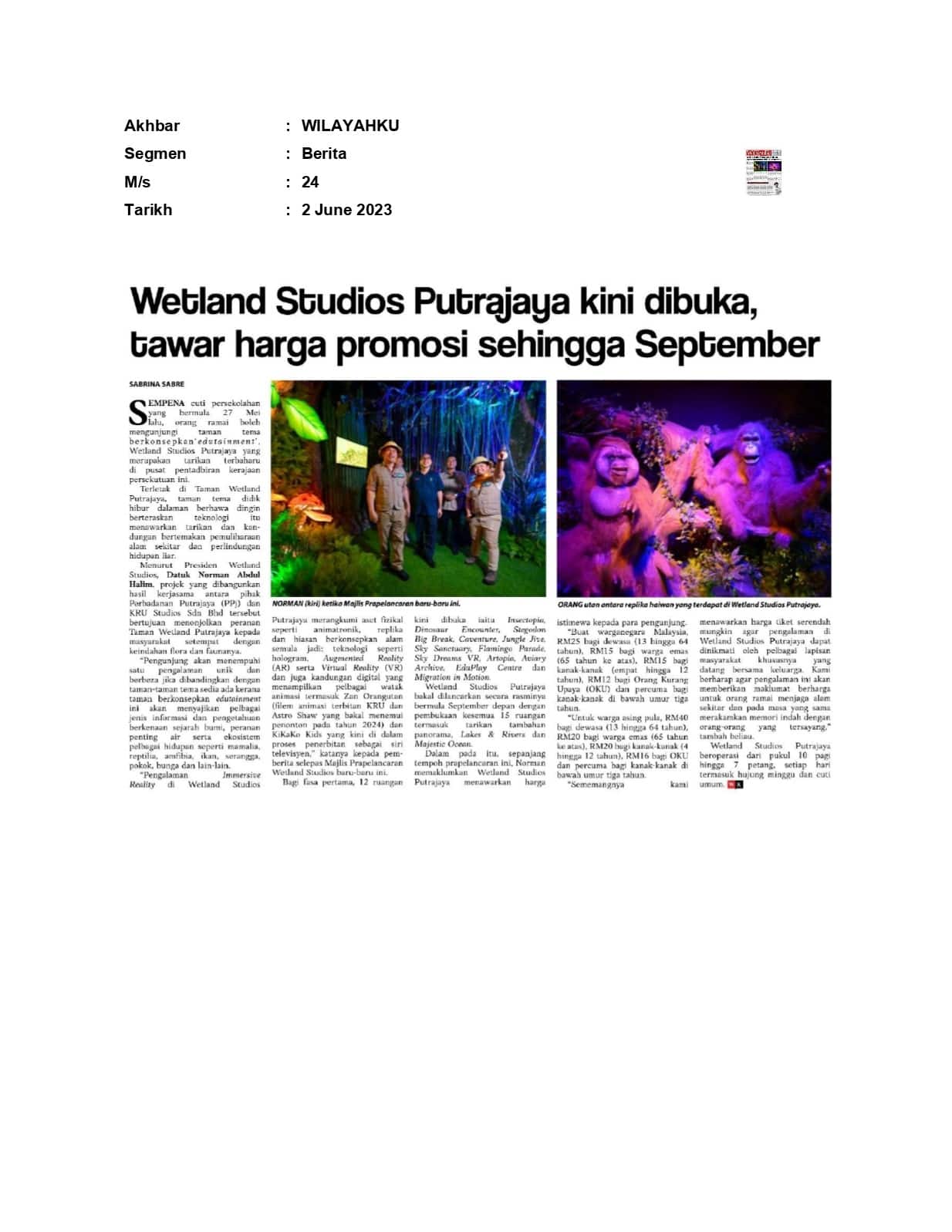 Wetland Studios Putrajaya kini dibuka, tawar harga promosi sehingga September