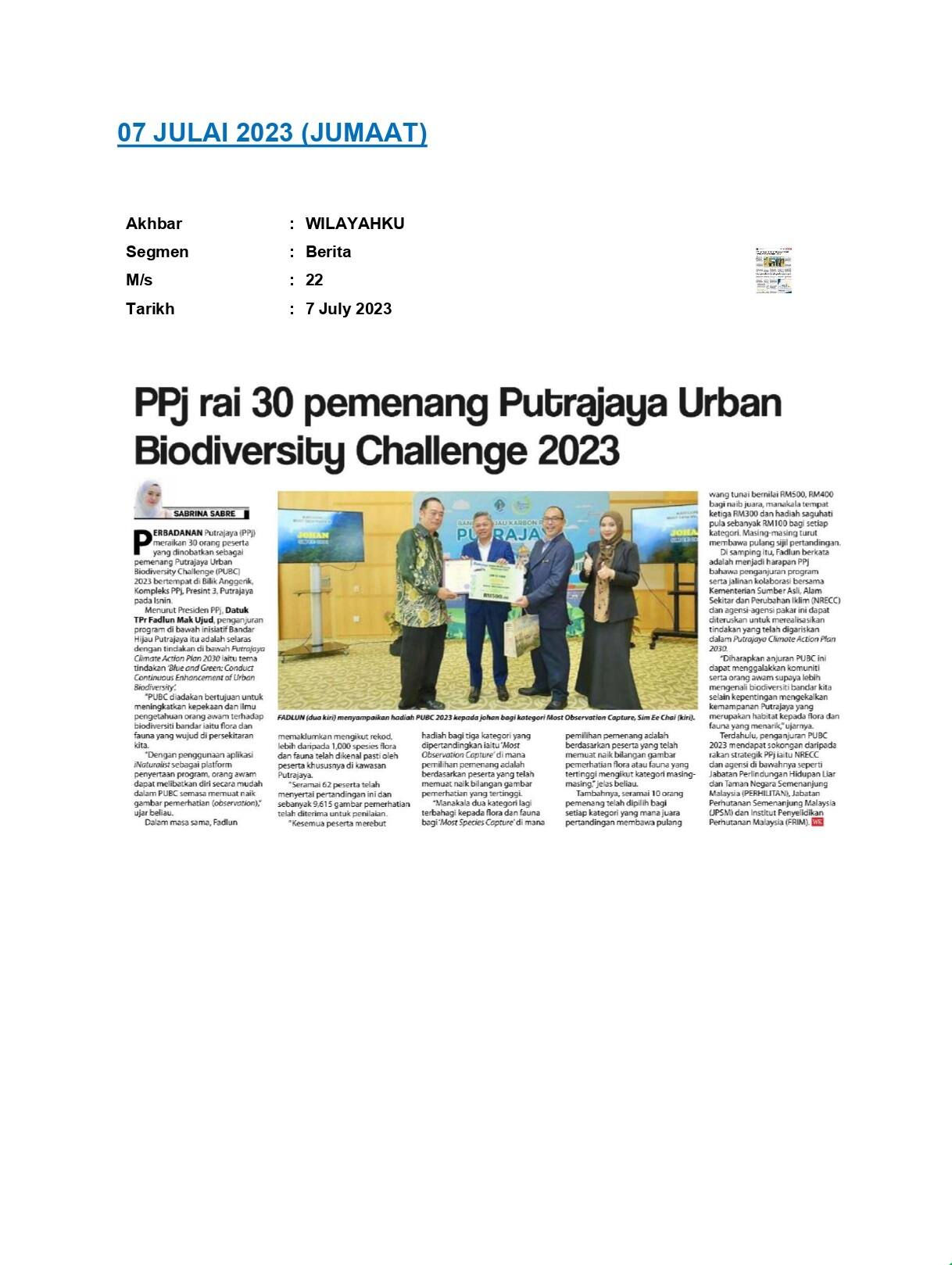 PPj rai 30 pemenang Putrajaya Urban Biodiversity Challenge 2023