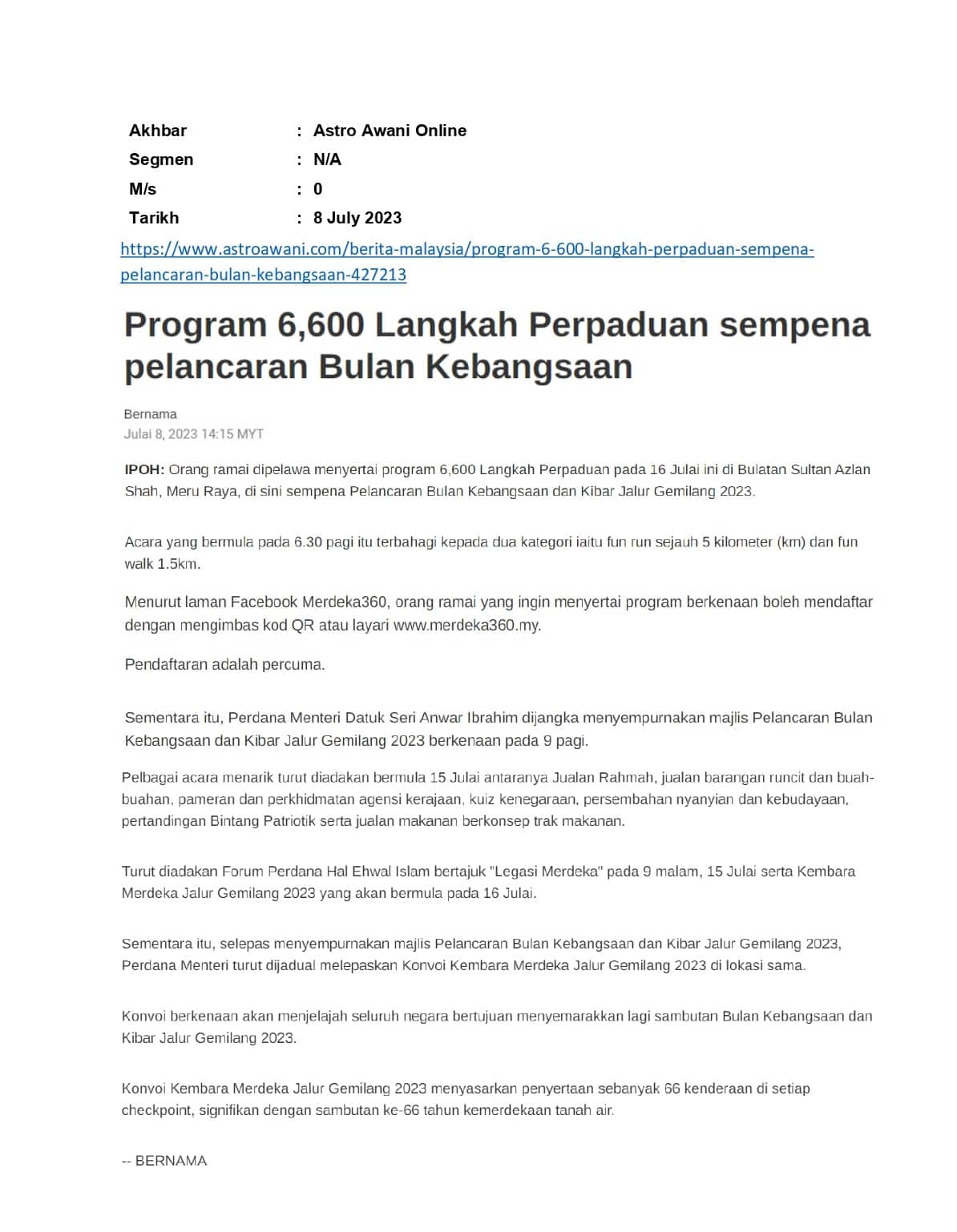 Program 6,600 Langkah Perpaduan sempena pelancaran Bulan Kebangsaan