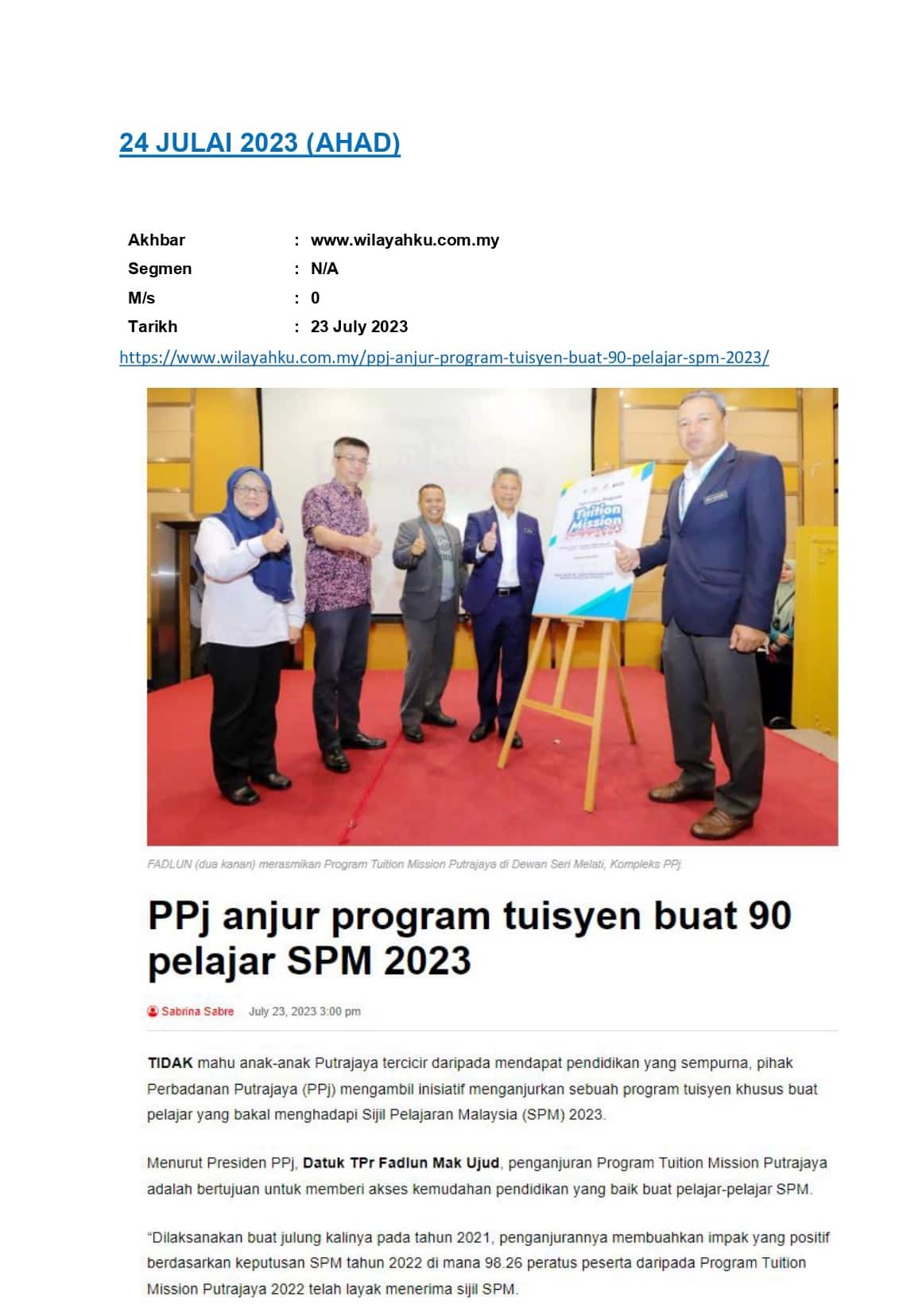 PPj anjur program tuisyen buat 90 pelajar SPM 2023