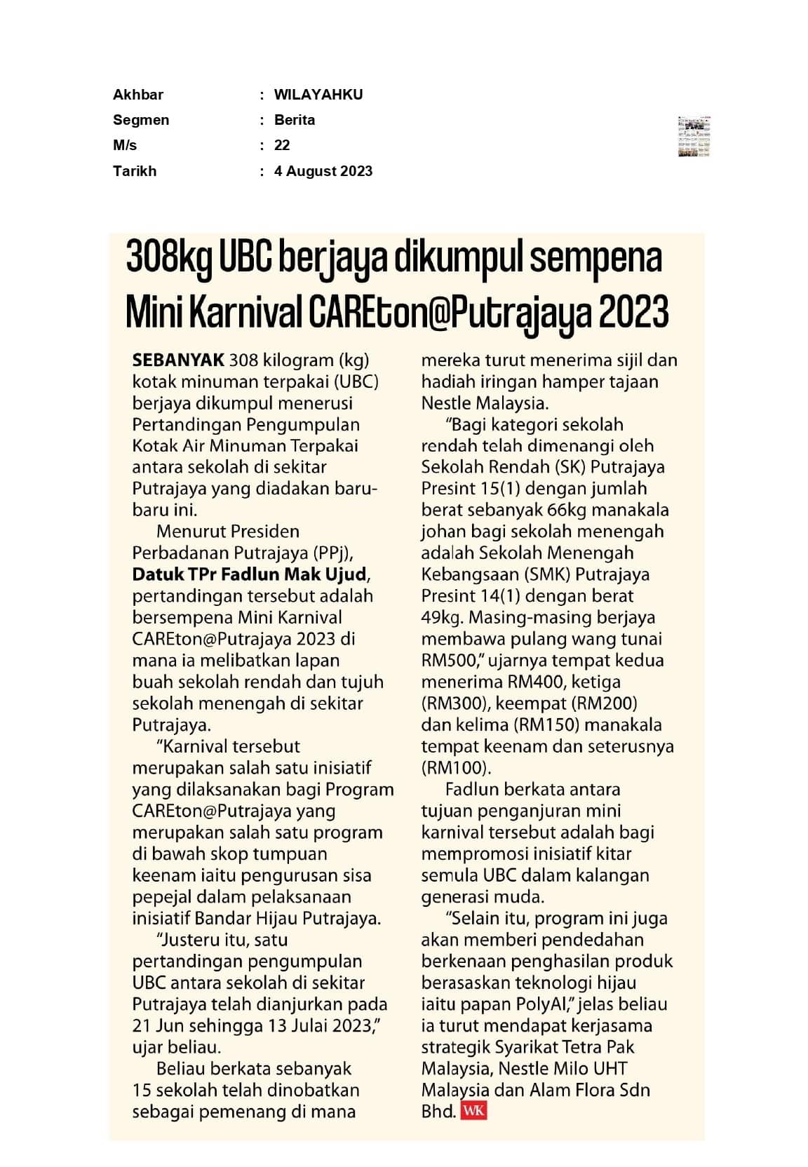 308kg UBC berjaya dikumpul sempena Mini Karnival CAREton@Putrajaya 2023