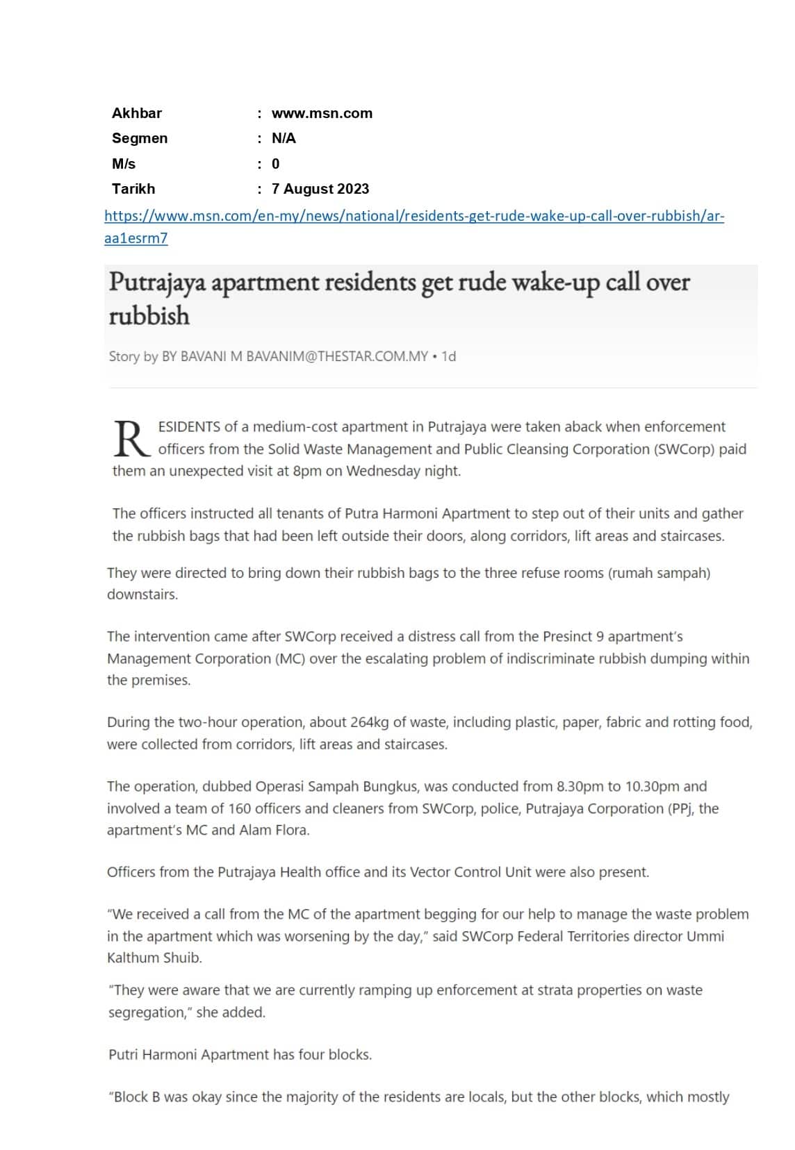 Putrajaya apartment residents get rude wake-up call over rubbish