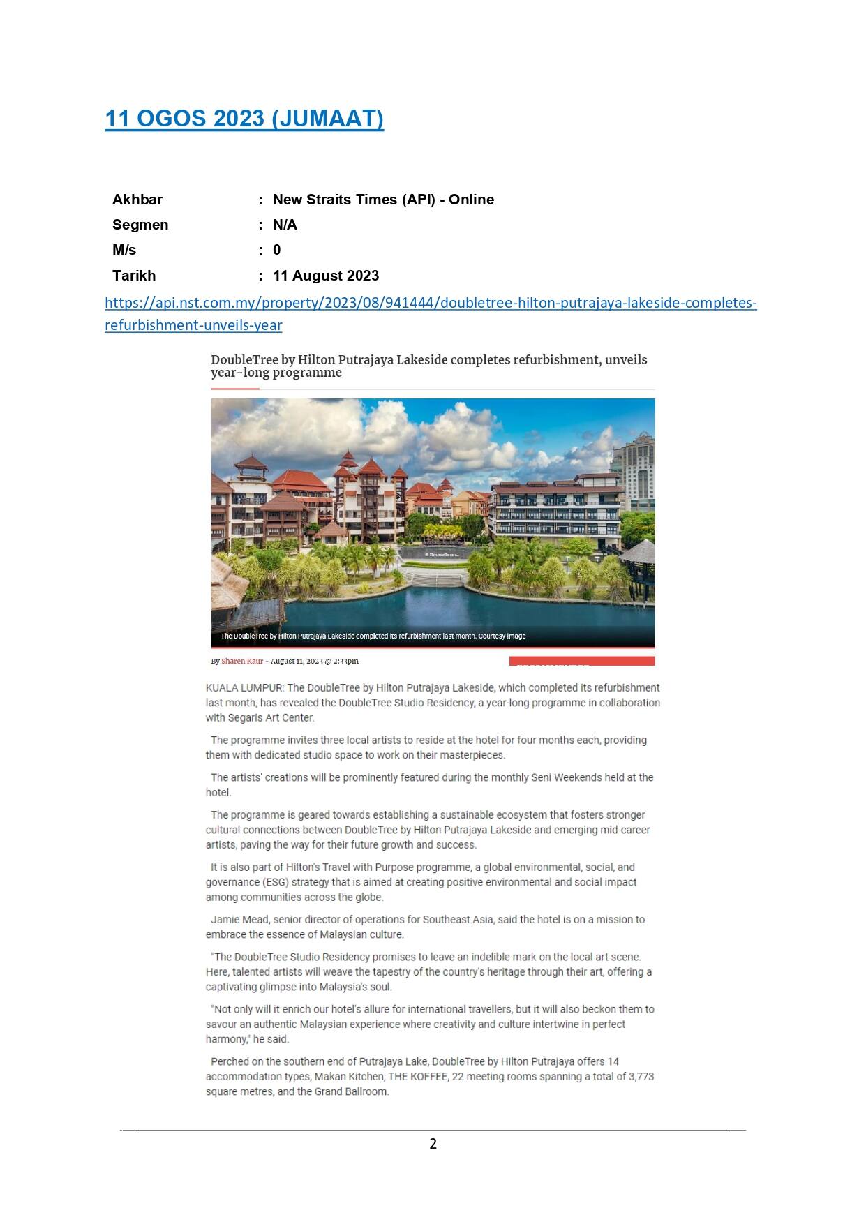 Doubletree by Hilton Putrajaya Lakeside complete refurbishment, unveils year-long programme