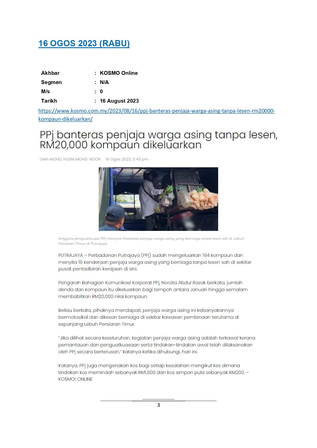PPJ banteras penjaja warga asing tanpa lesen, RM20,000 kompoun dikeluarkan