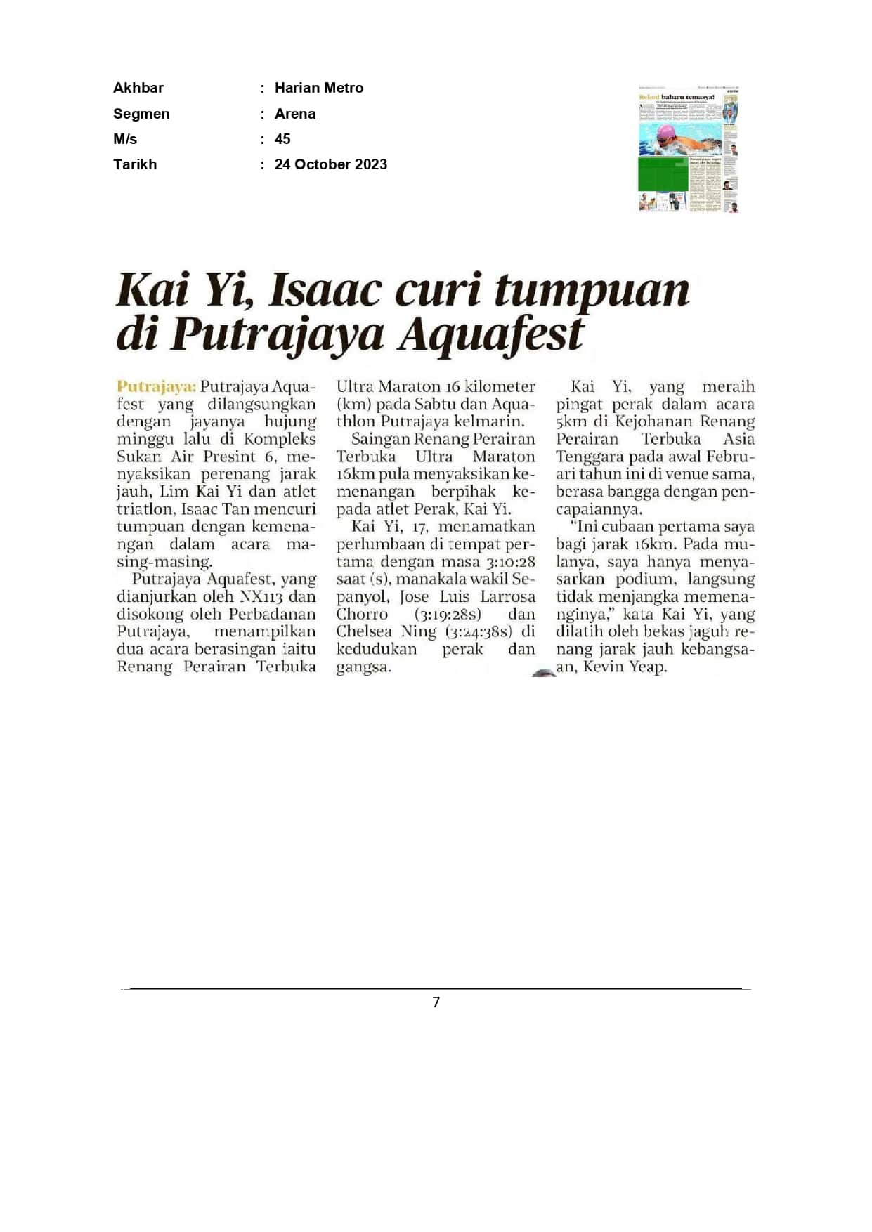 Kai Yi, Isaac curi tumpuan di Putrajaya Aquafest