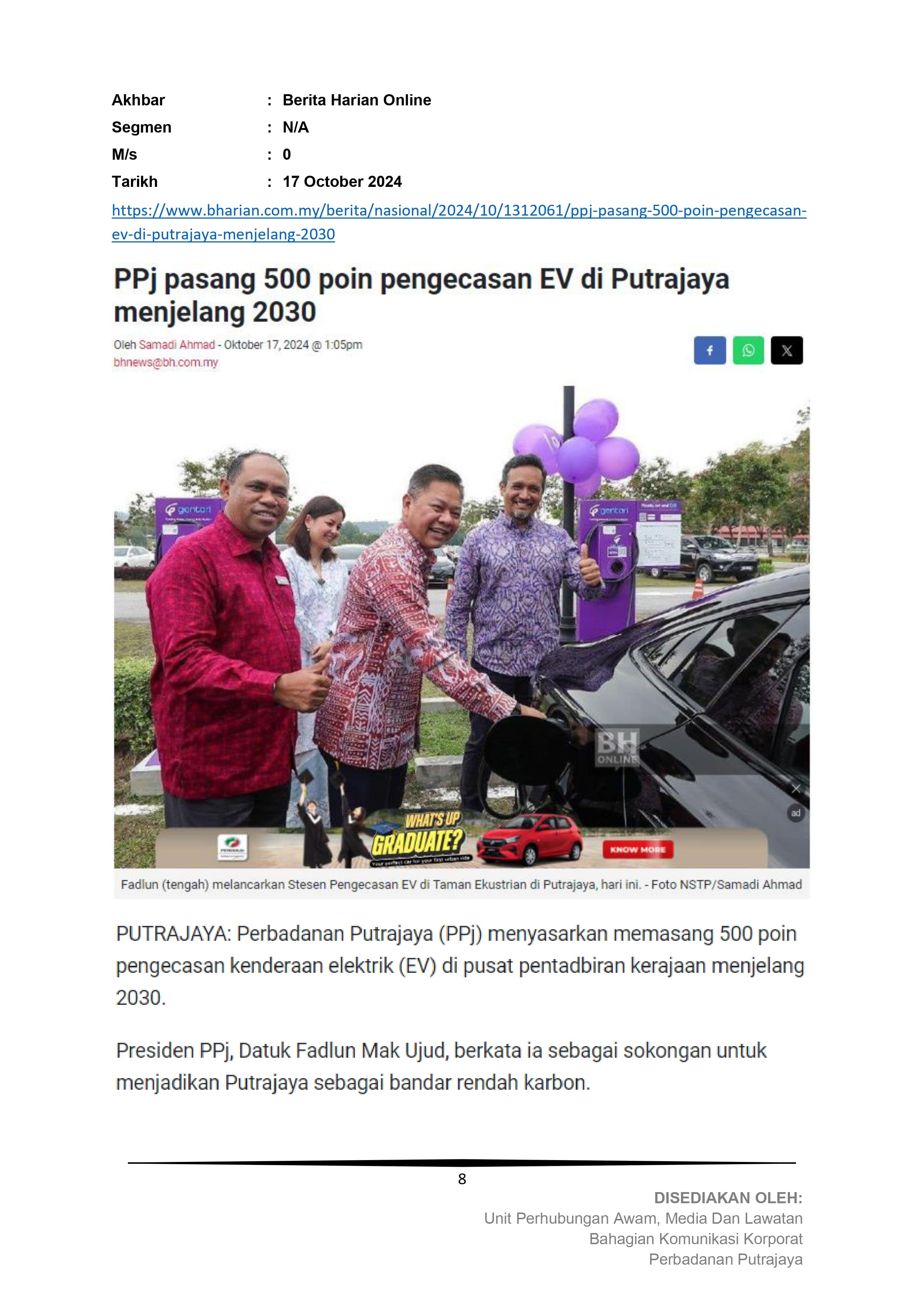 PPj Pasang 500 Poin Pengecasan EV di Putrajaya Menjelang 2030