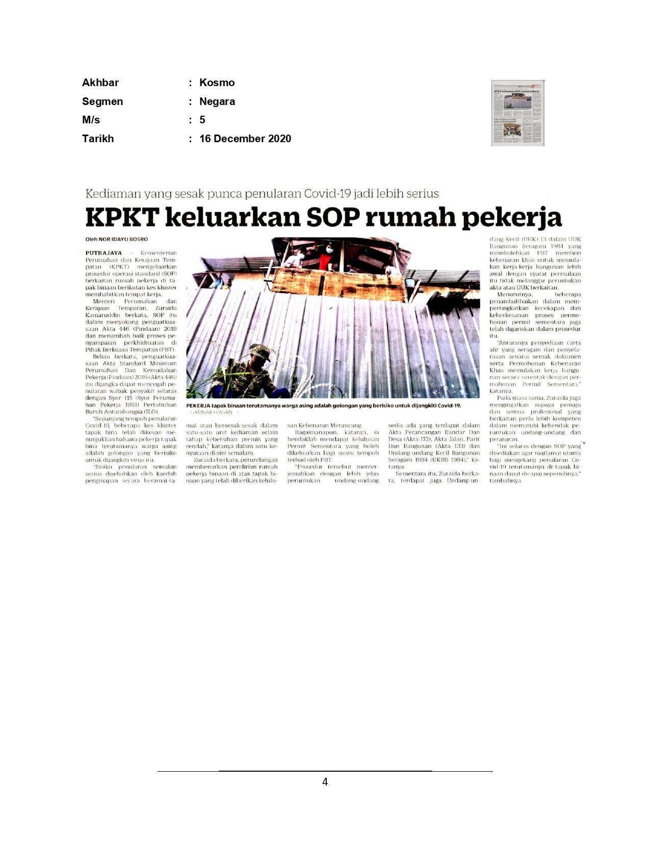 KPKT keluarkan SOP rumah pekerja
