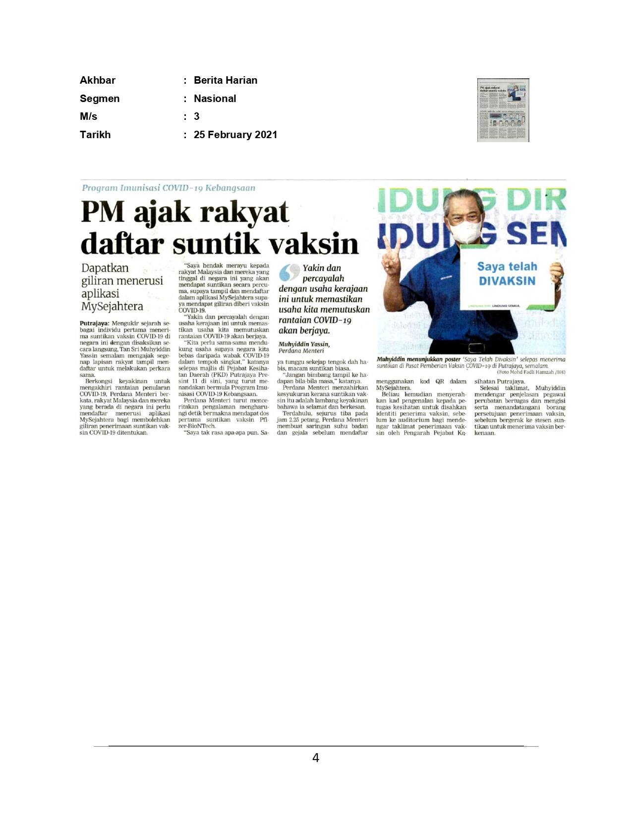 PM ajak rakyat daftar suntik vaksin