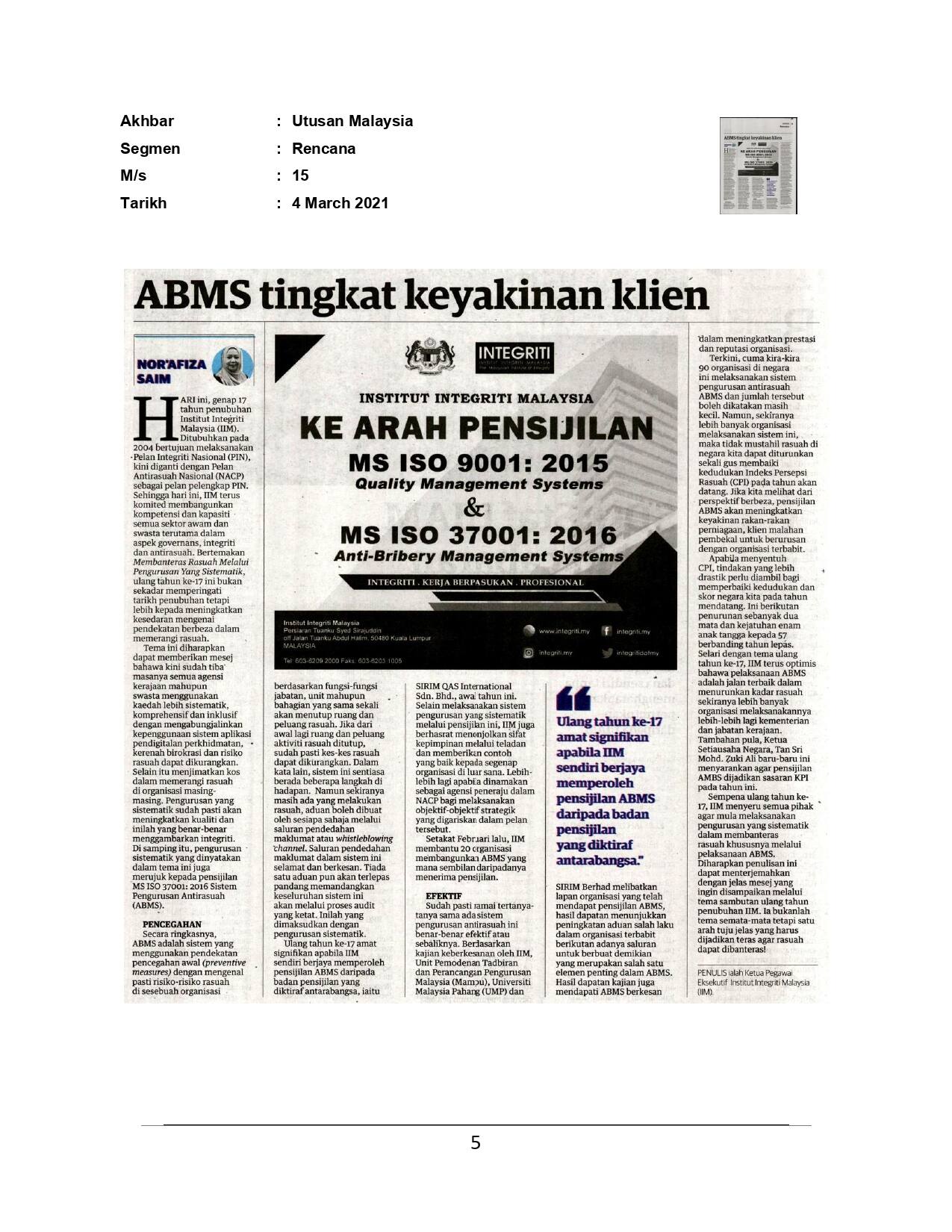 Sistem Pengurusan Antirasuah (ABMS) tingkat keyakinan klien