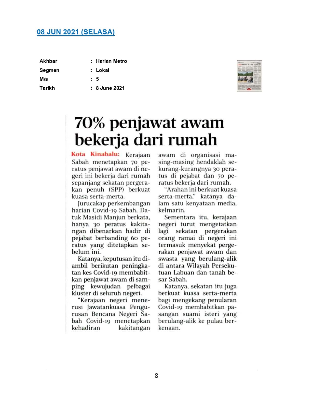 70% penjawat awam bekerja dari rumah