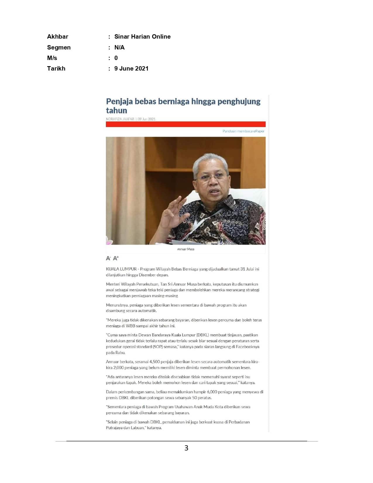Penjaja bebas berniaga hingga penghujung tahun