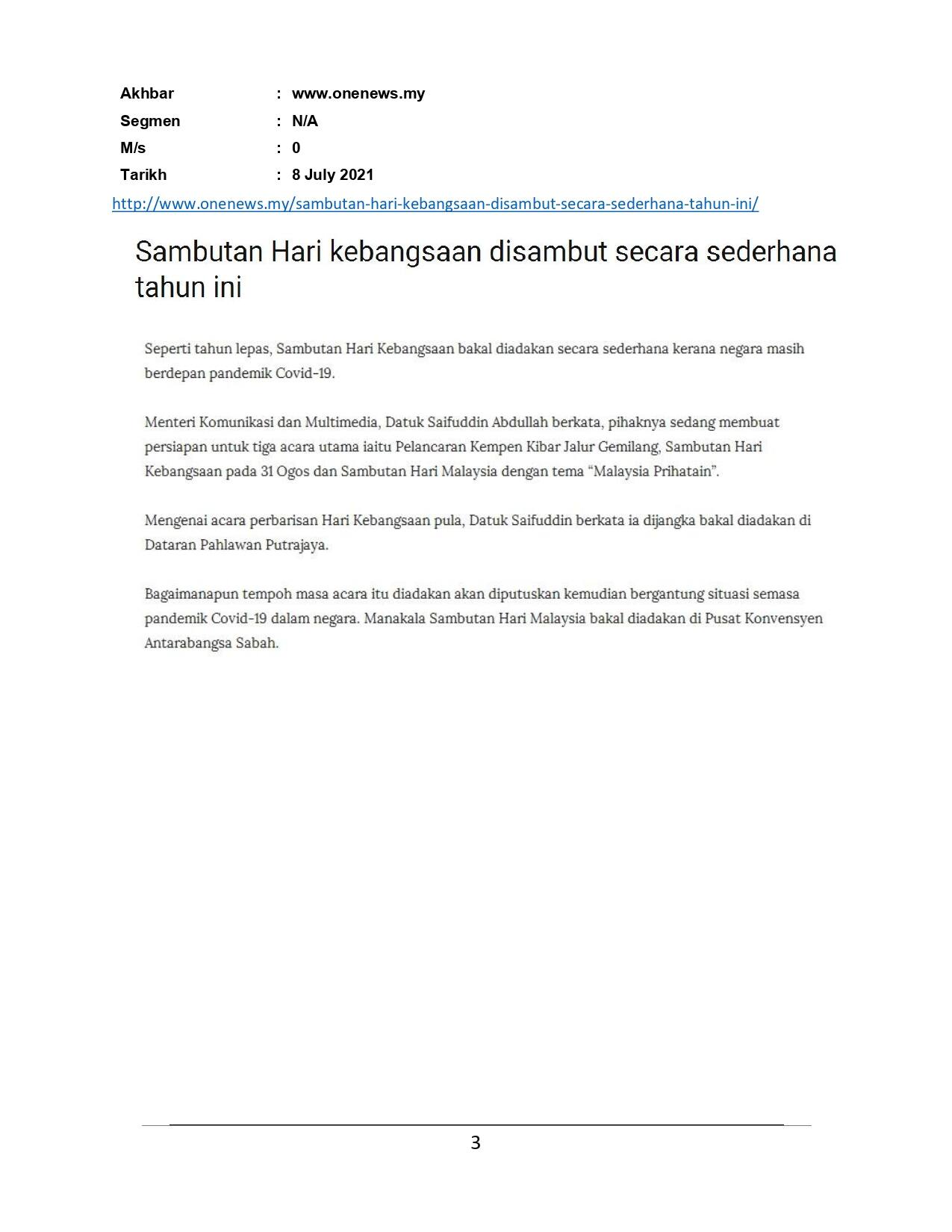 Sambutan Hari Kebangasaan disambut secara sederhana tahun ini