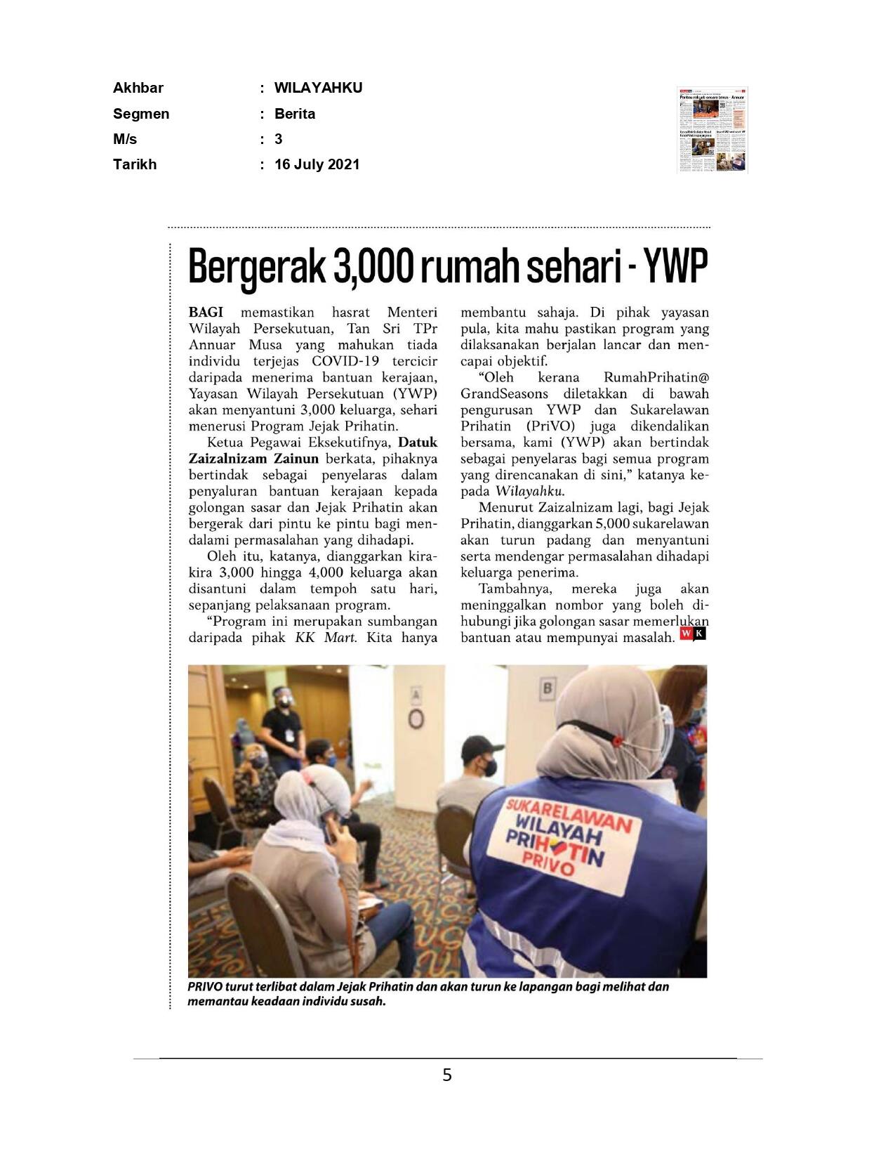Bergerak 3,000 rumah sehari-YWP