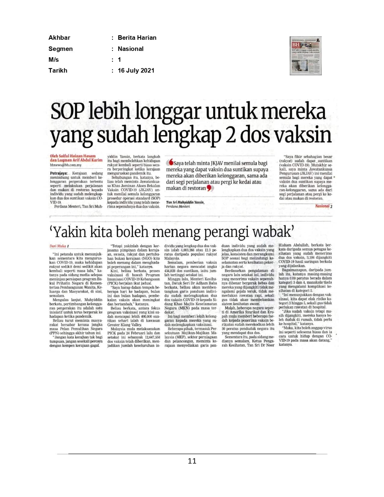 SOP lebih longgar untuk mereka yang sudah lengkap 2 dos vaksin