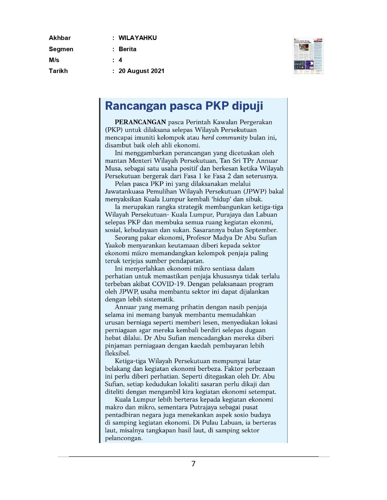 Rancangan pasca PKP dipuji