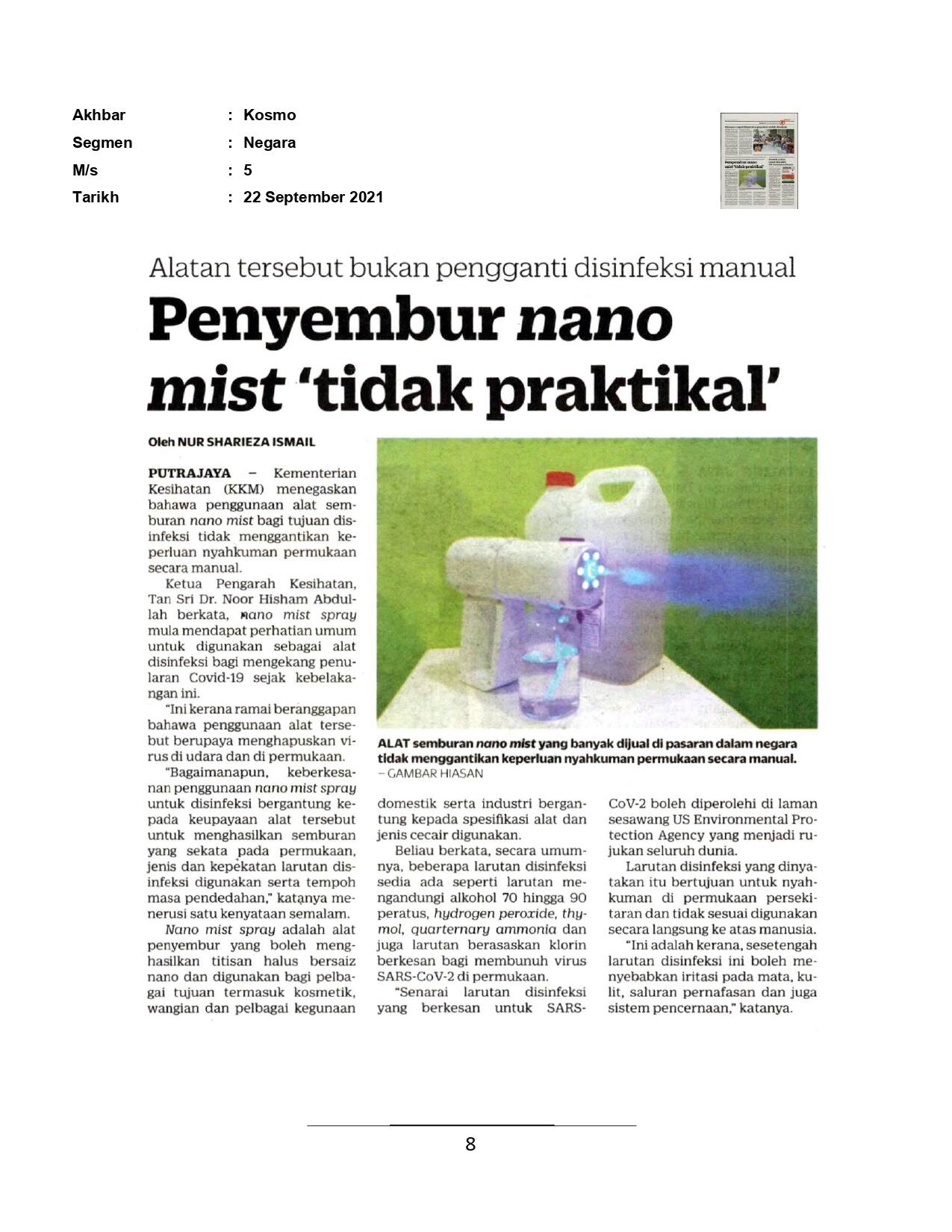 Penyembur nano mist 'tidak praktikal'