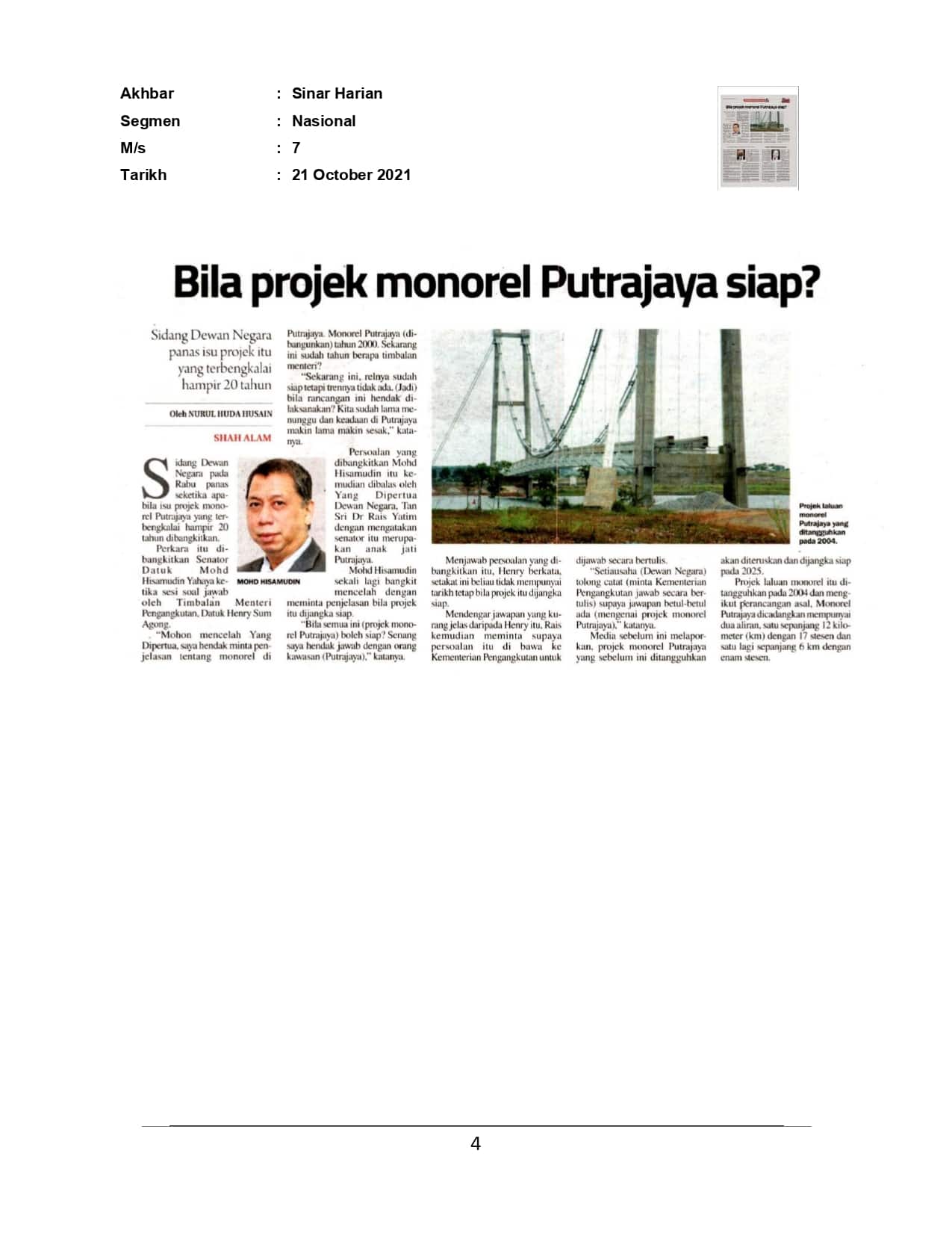 Bila projek monorel Putrajaya siap?