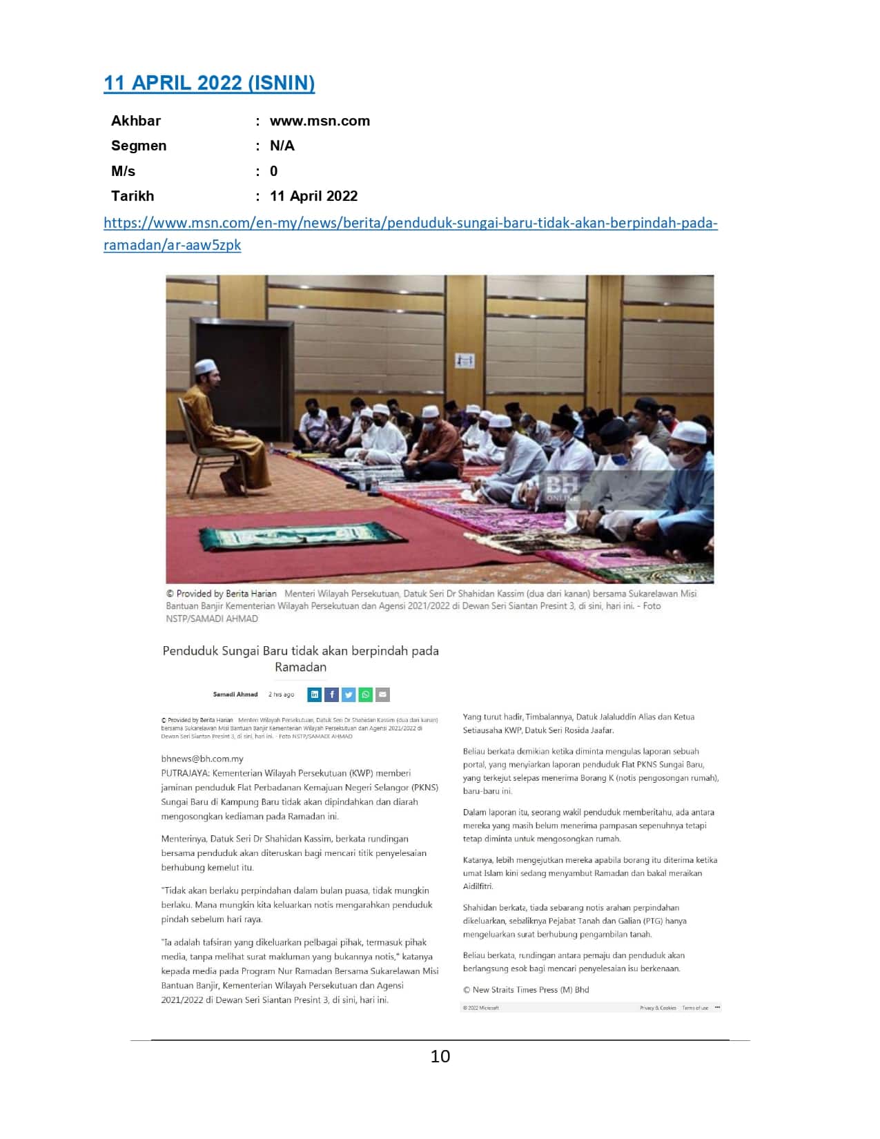 Penduduk Sungai Baru tidak akan berpindah pada Ramadan