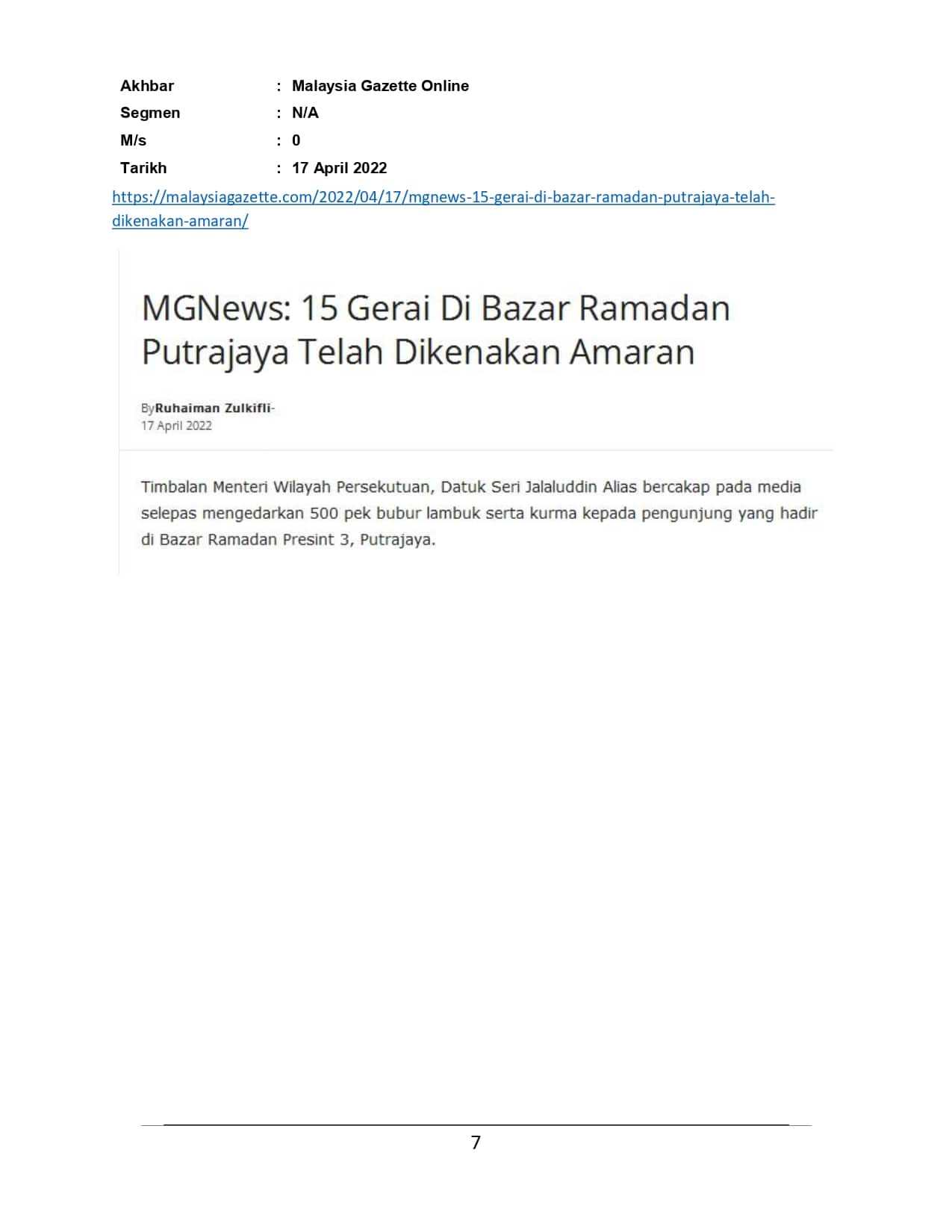 MGNews: 15 Gerai di Bazar Ramadan Putrajaya telah dikenakan amaran